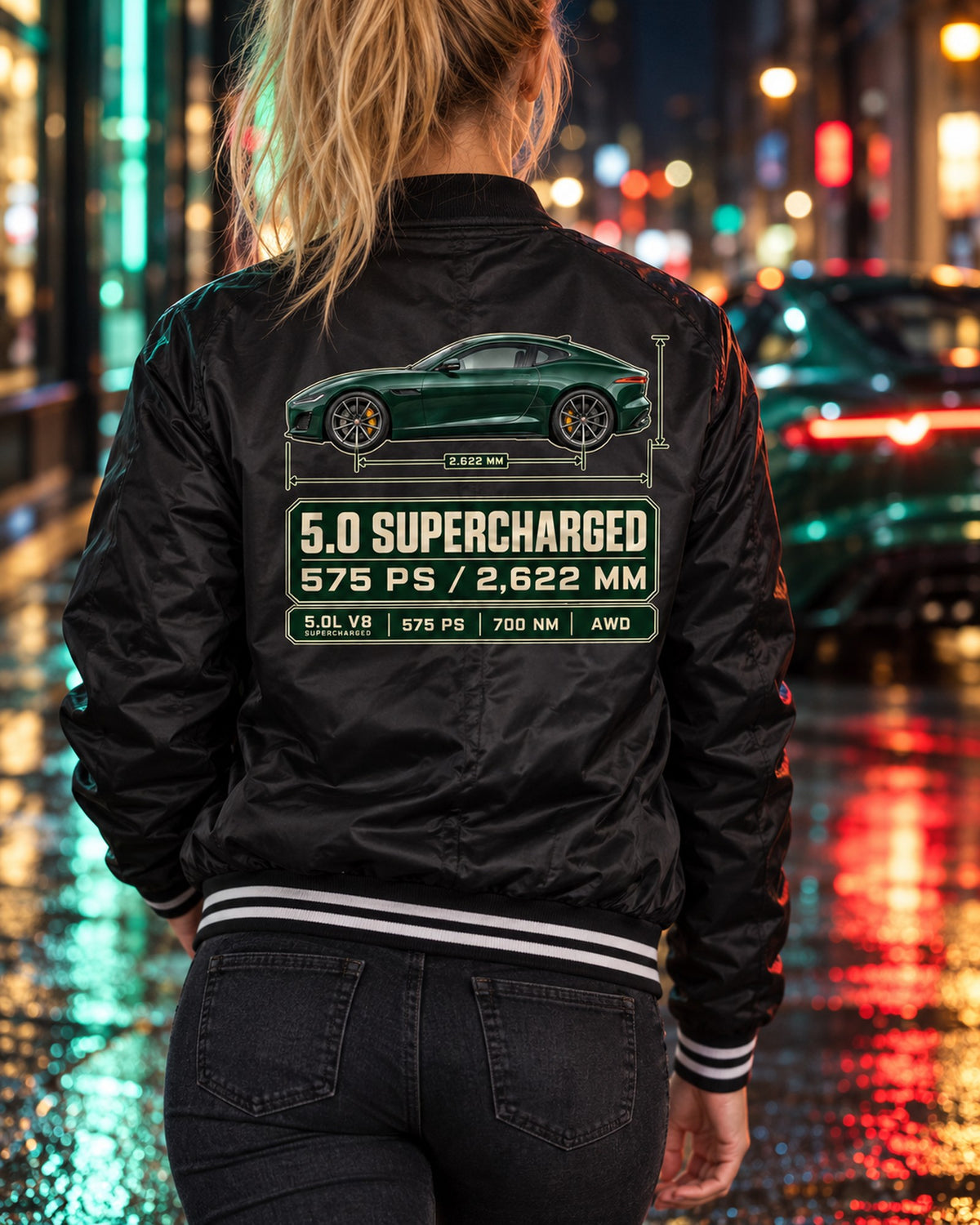 Jaguar F-Type R Coupe Spec Poster Shirt, Supercharged V8 Bomber Jacket Black worn hero