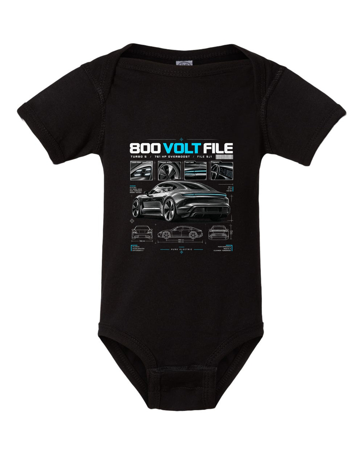 Dossier panel print of a 2020 Porsche Taycan Turbo S 9J1 with turbine wheel and light bar black baby onesie front view with the design