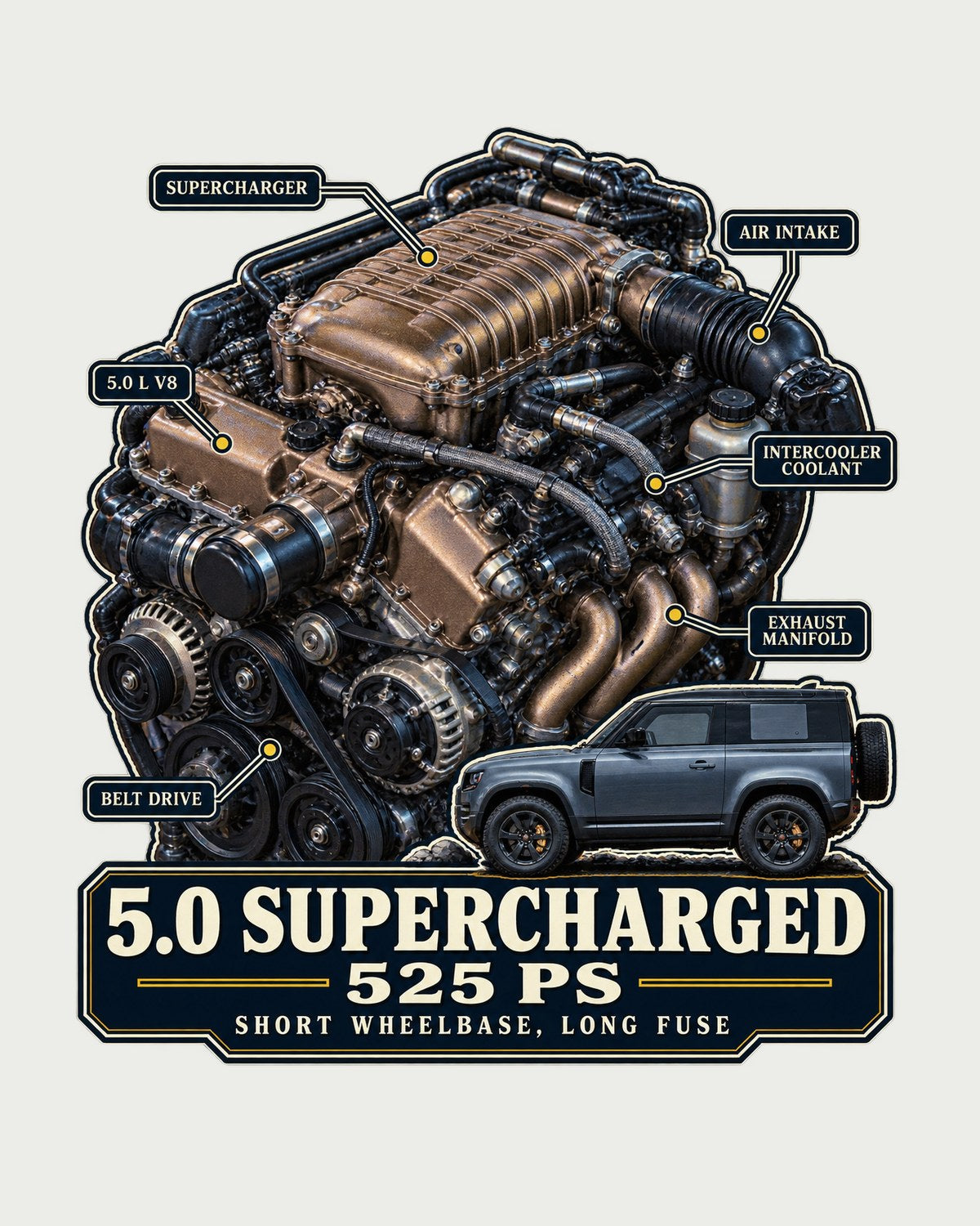 Land Rover Defender 90 V8 5.0 Supercharged Engine Shirt, L663 design only