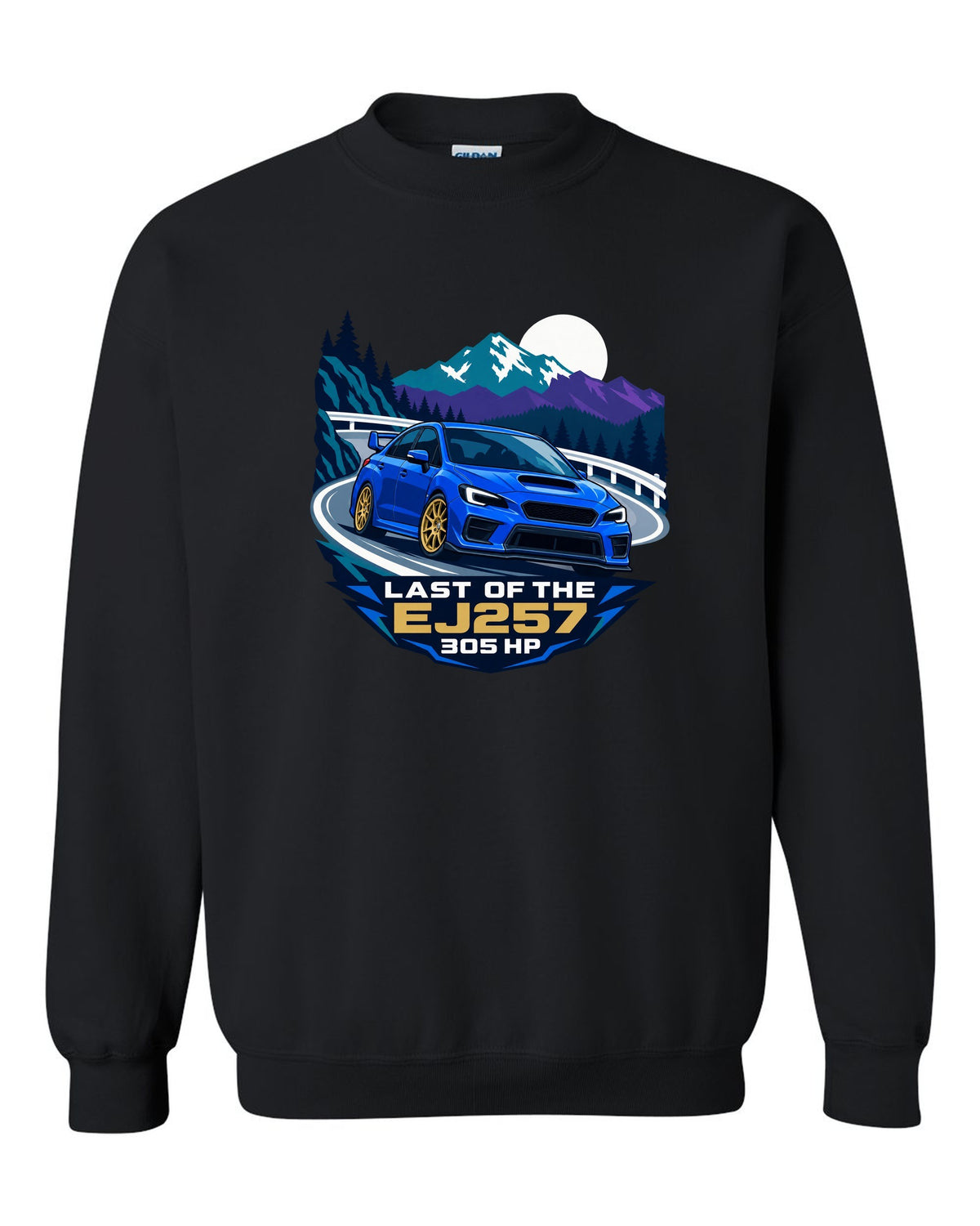 Flat vector minimalist Subaru WRX STI VAB on a hairpin corner black crewneck front view with the design