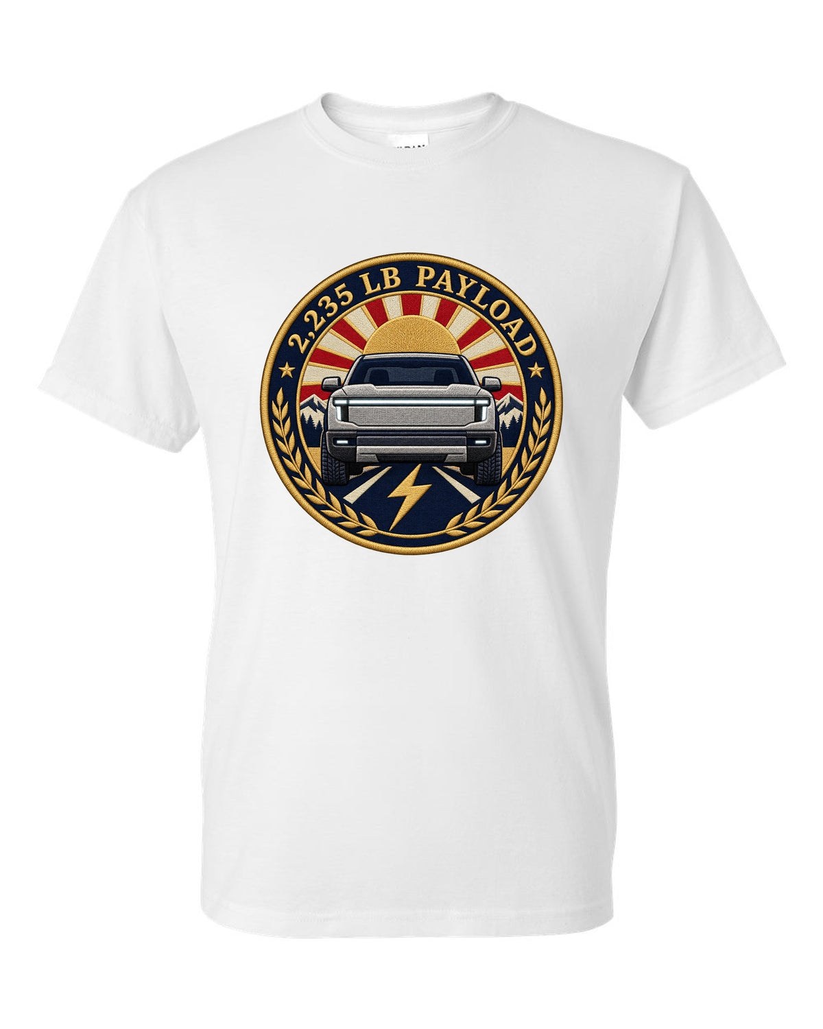 Ford F-150 Lightning embroidery-style round crest with 2,235 lb payload text white t-shirt front view with the design