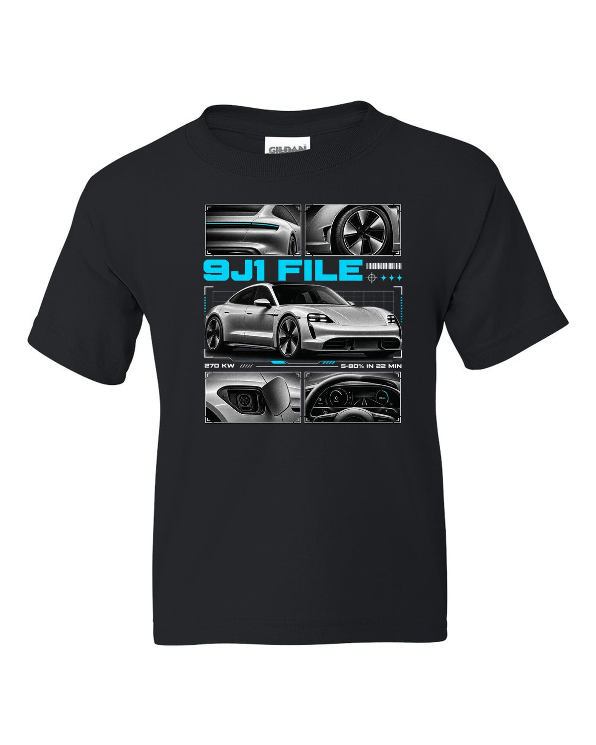 Porsche Taycan Turbo S 9J1 dossier panel design with charging figures black kids tee front view with the design