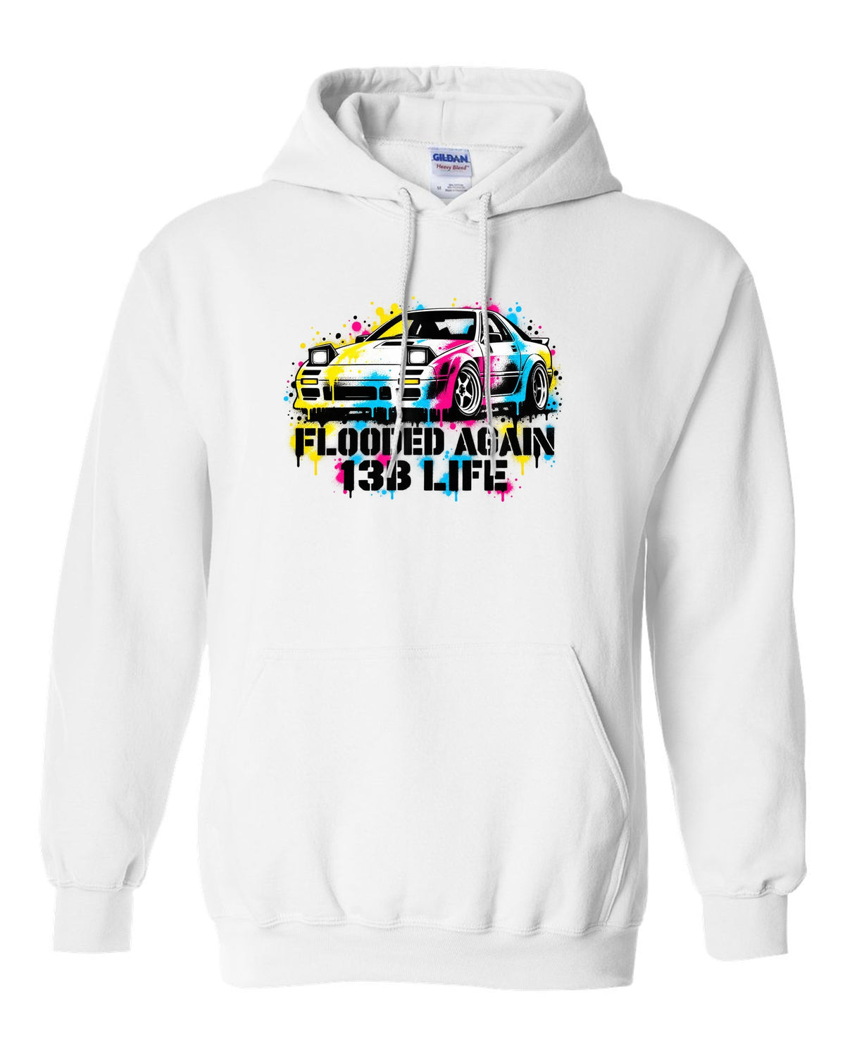Stencil spray street art print for the Mazda RX-7 FC3S with flooded again 13B life lettering white pull over hoodie front view with the design