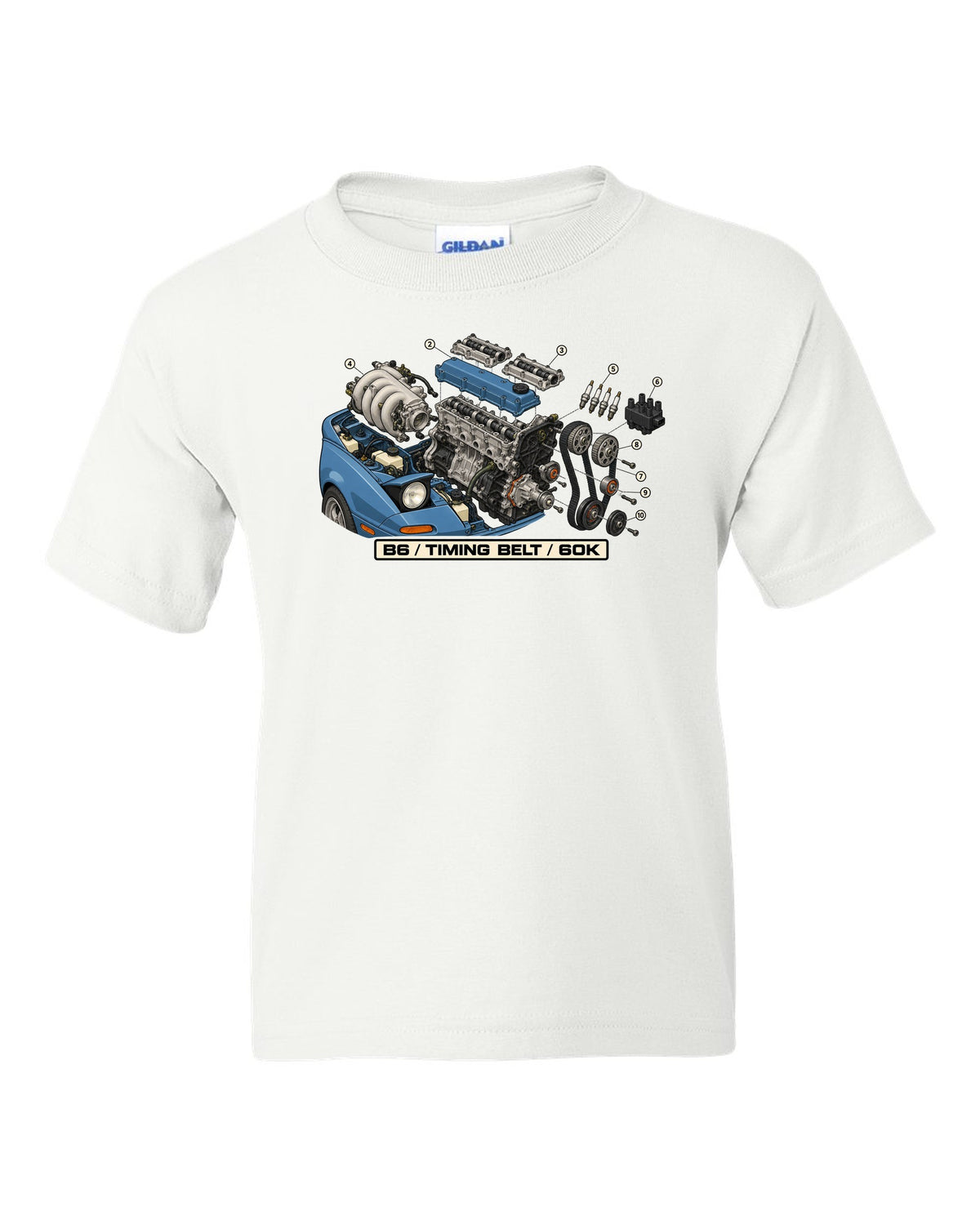 Exploded engine diagram print of a Mazda MX-5 NA B6 1.6L with timing belt 60K text white kids tee front view with the design