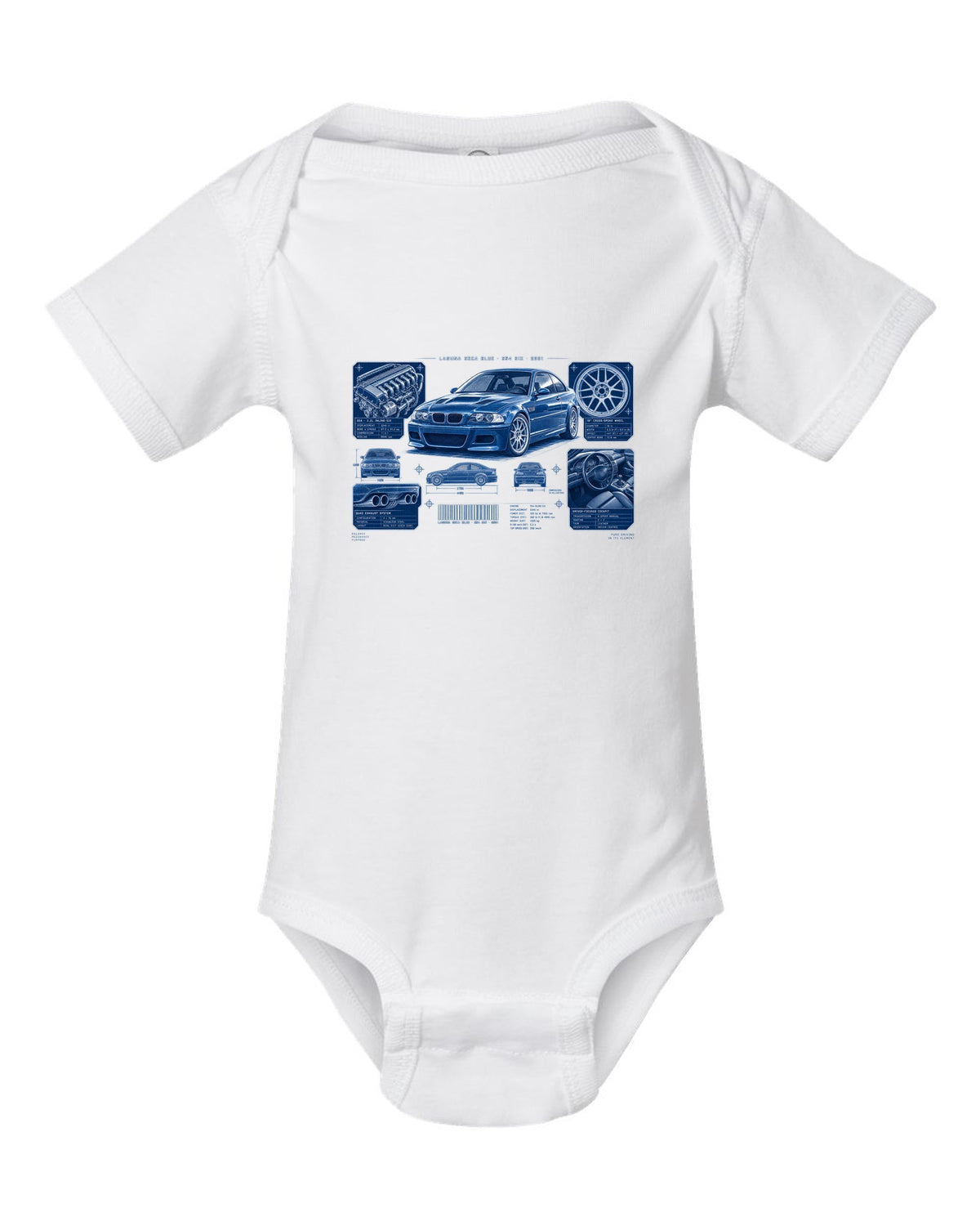 BMW E46 M3 coupe dossier panel print with Laguna Seca Blue S54 six and 2001 text white baby onesie front view with the design