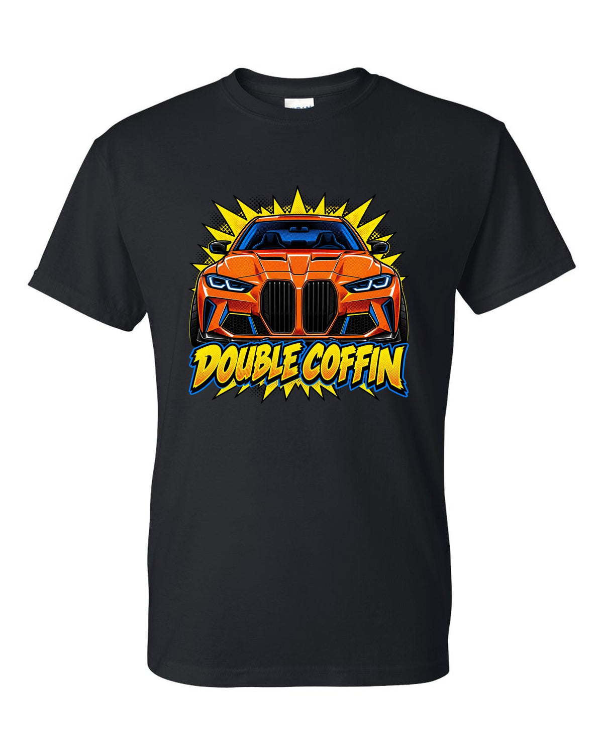 BMW G80 M3 head-on comic halftone pop art print with Double Coffin text black t-shirt front view with the design