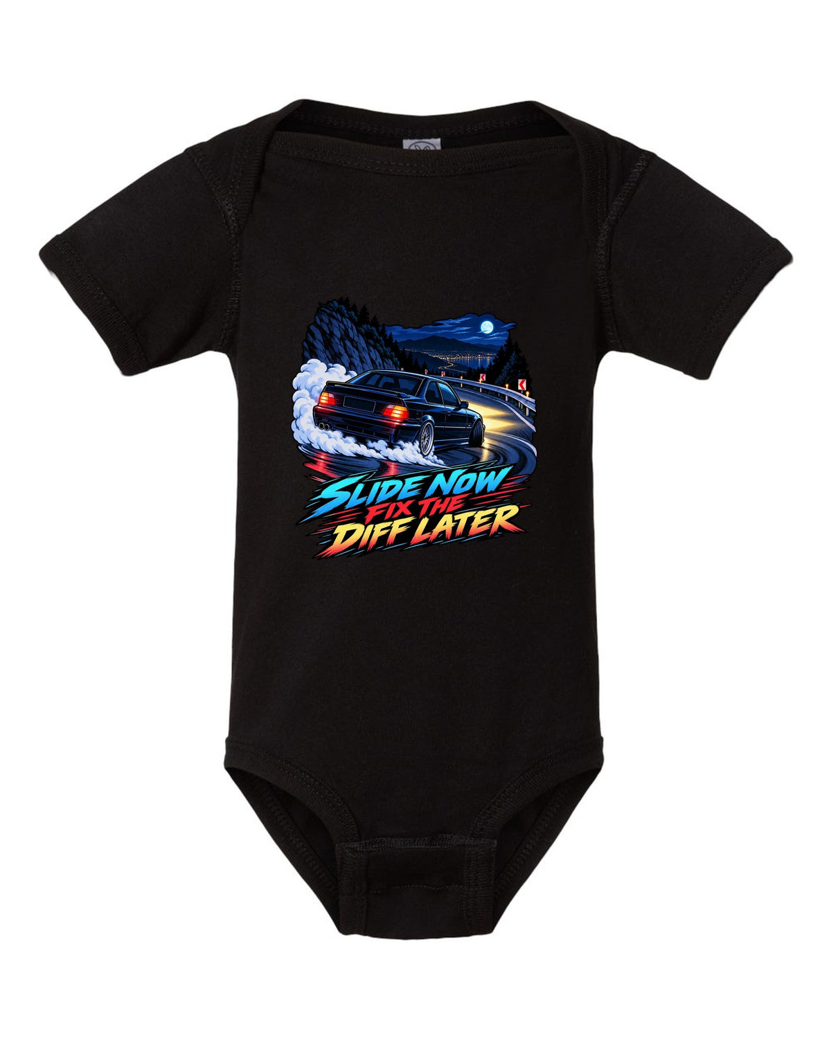 Spec sheet print of a BMW E36 M3 coupe with S50B32 3,201 cc 321 HP text black baby onesie front view with the design