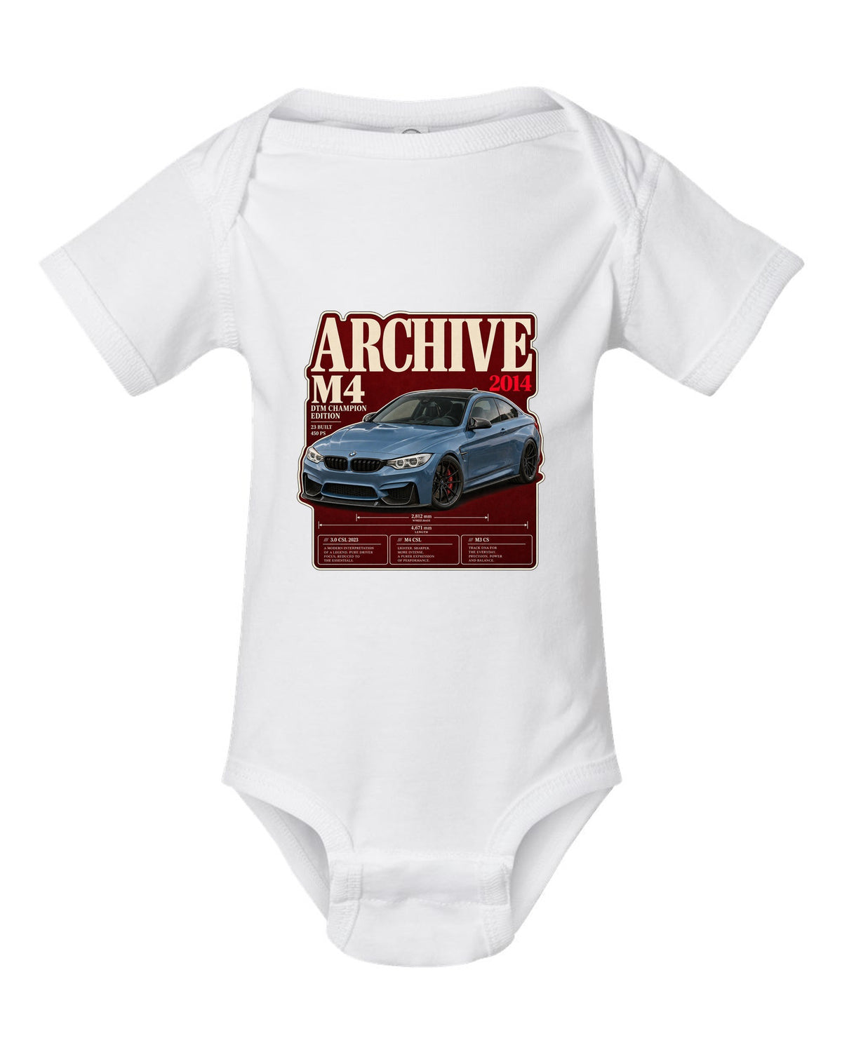 BMW M4 DTM Champion Edition F82 archive panel print white baby onesie front view with the design