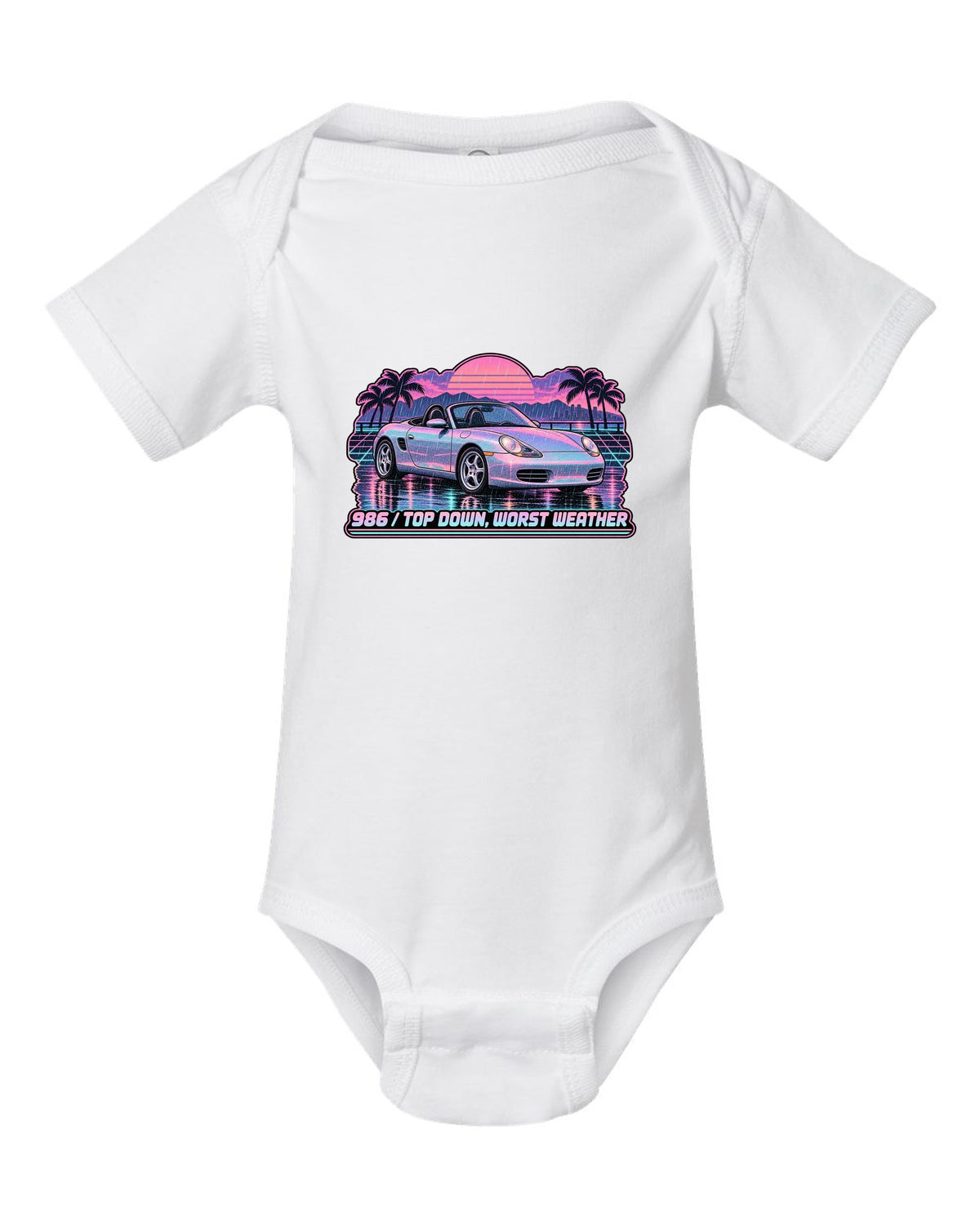 Lo-fi vaporwave Porsche Boxster 986 with the roof down white baby onesie front view with the design