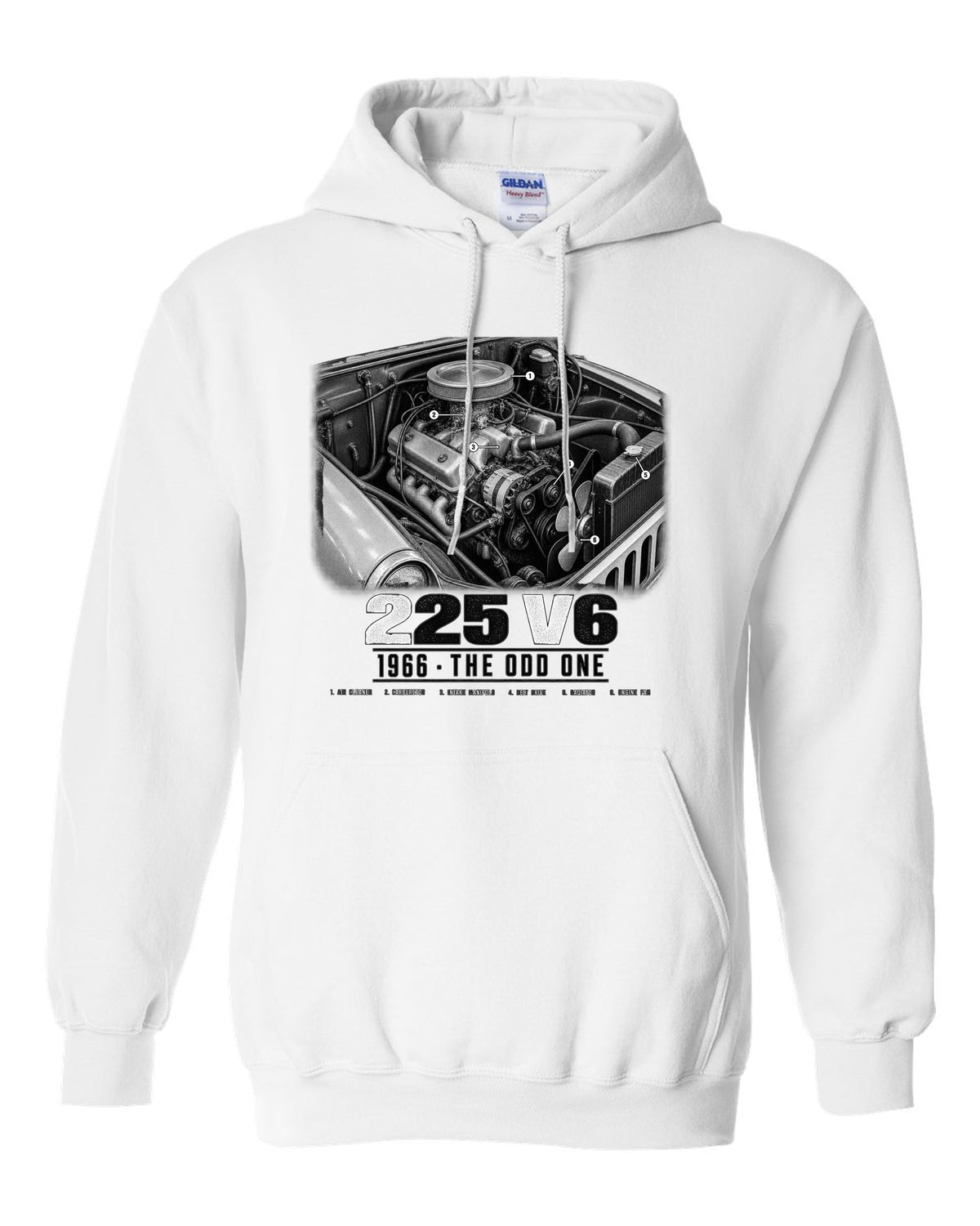 Engine hero print for the Jeep CJ-5 225 V6, 1966 white pull over hoodie front view with the design