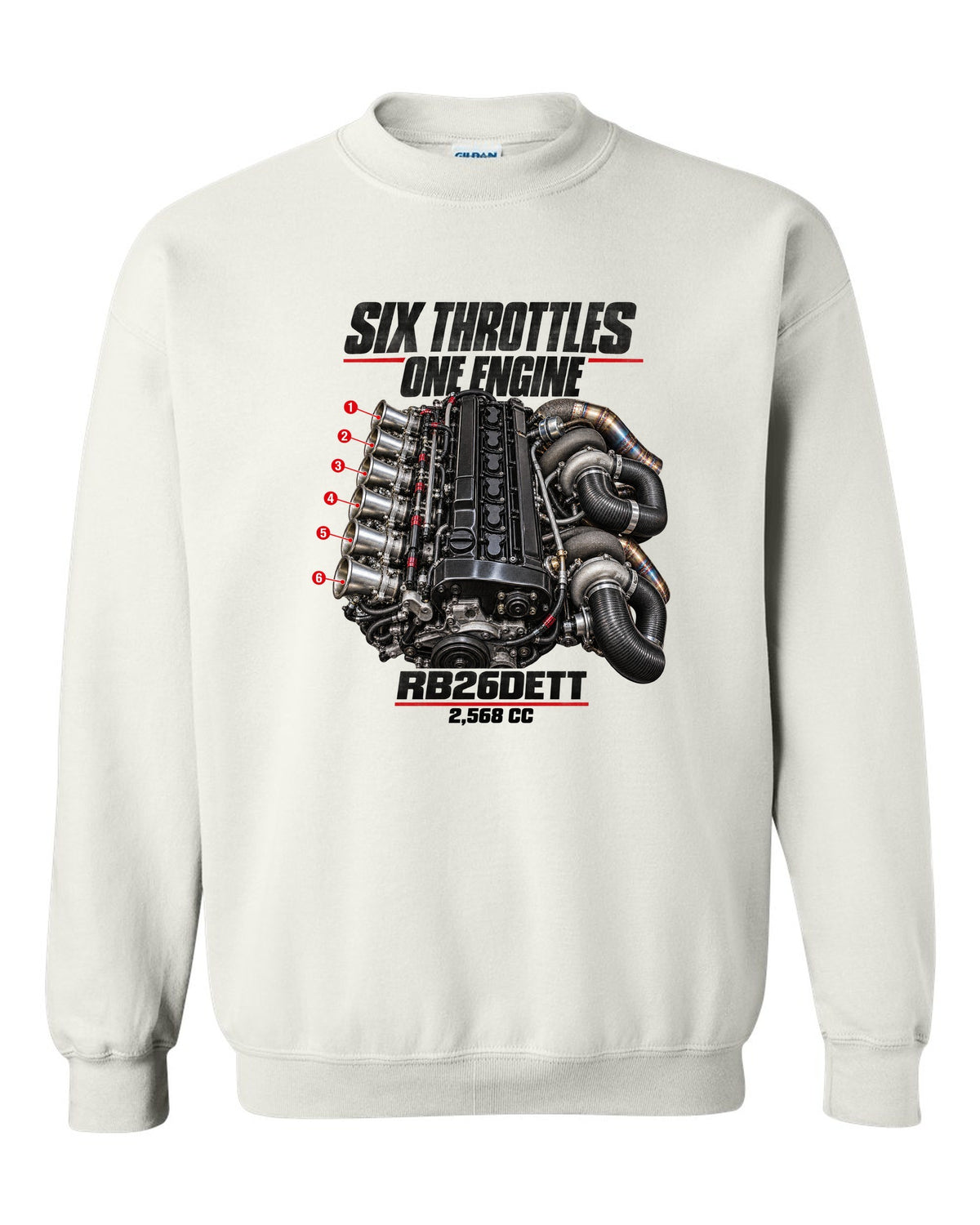 print of the RB26DETT six-throttle engine from the Nissan Skyline GT-R R32 white crewneck front view with the design