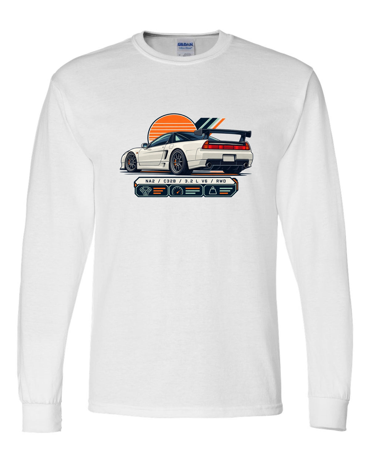 Spec-sheet data plate print of the Honda NSX-R NA2 with NA2 C32B 3.2 L V6 RWD text white long sleeve front view with the design