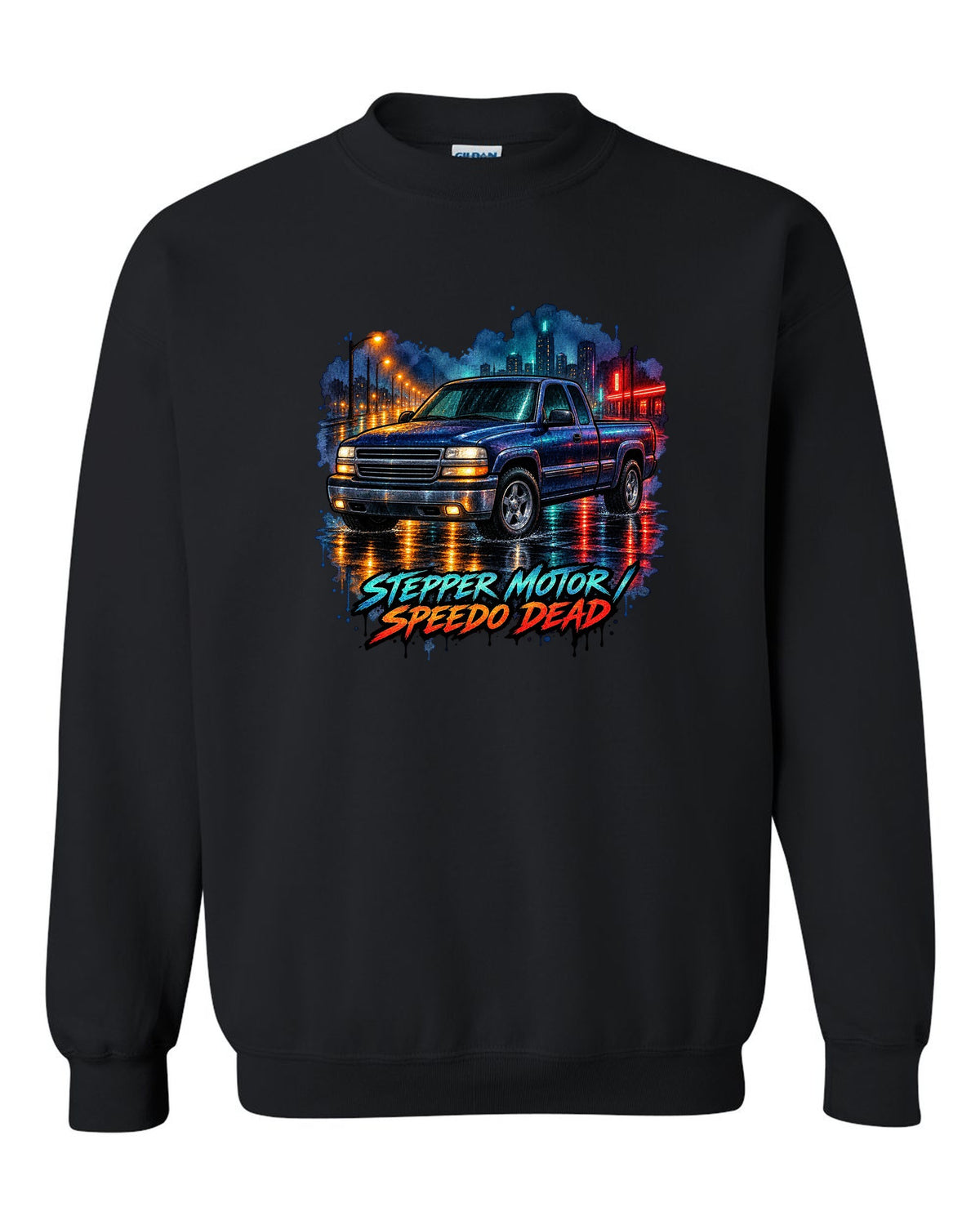 Watercolor wet-road night print of a 1999-2006 Chevrolet GMT800 NBS Silverado with stepper motor speedo dead lettering black crewneck front view with the design