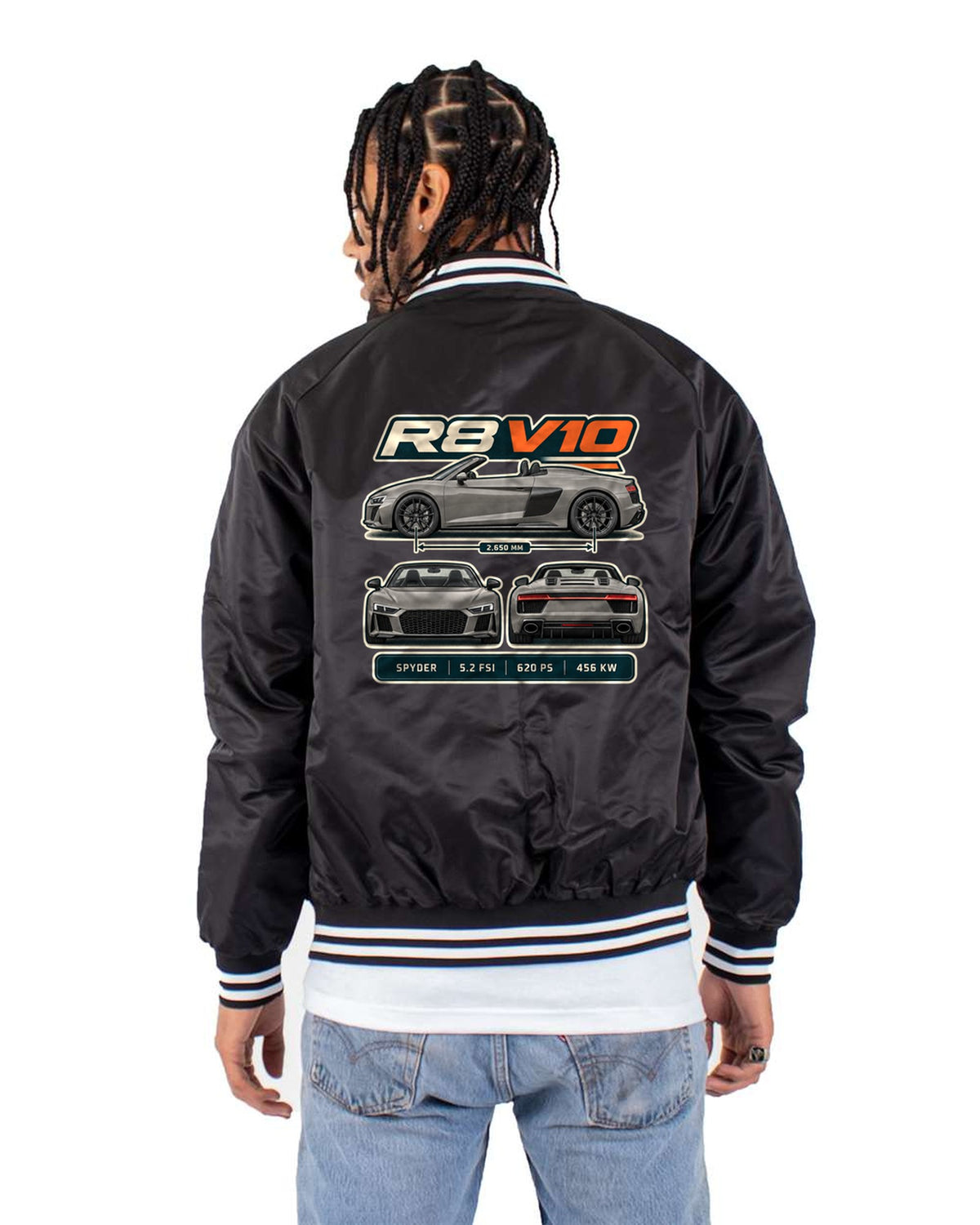 Audi R8 Spyder V10 Performance Three-View Spec Table Shirt Bomber Jacket Black back