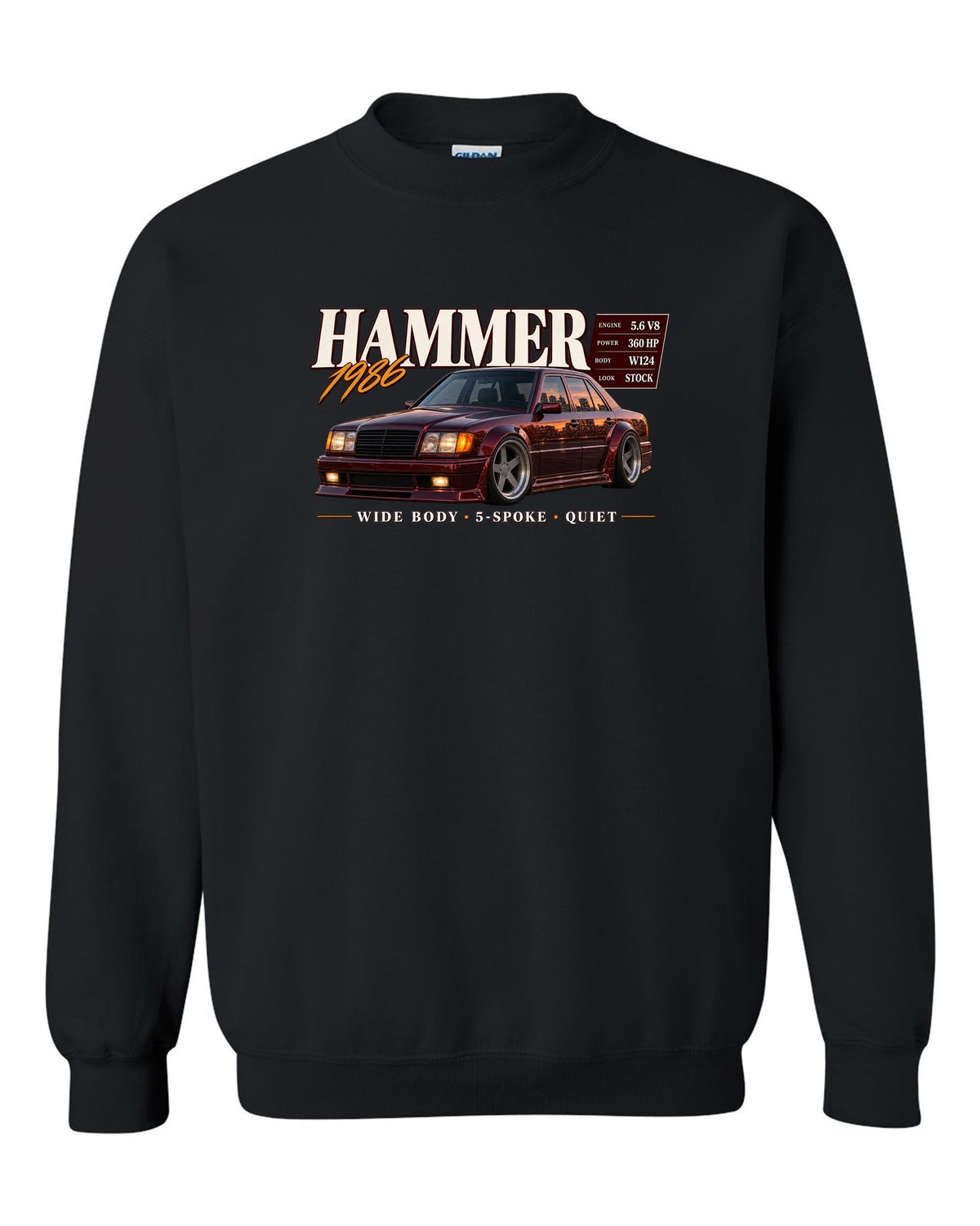 print archive panel of a Mercedes W124 300E 5.6 Hammer with text 5.6 V8 sleeper wide body black crewneck front view with the design
