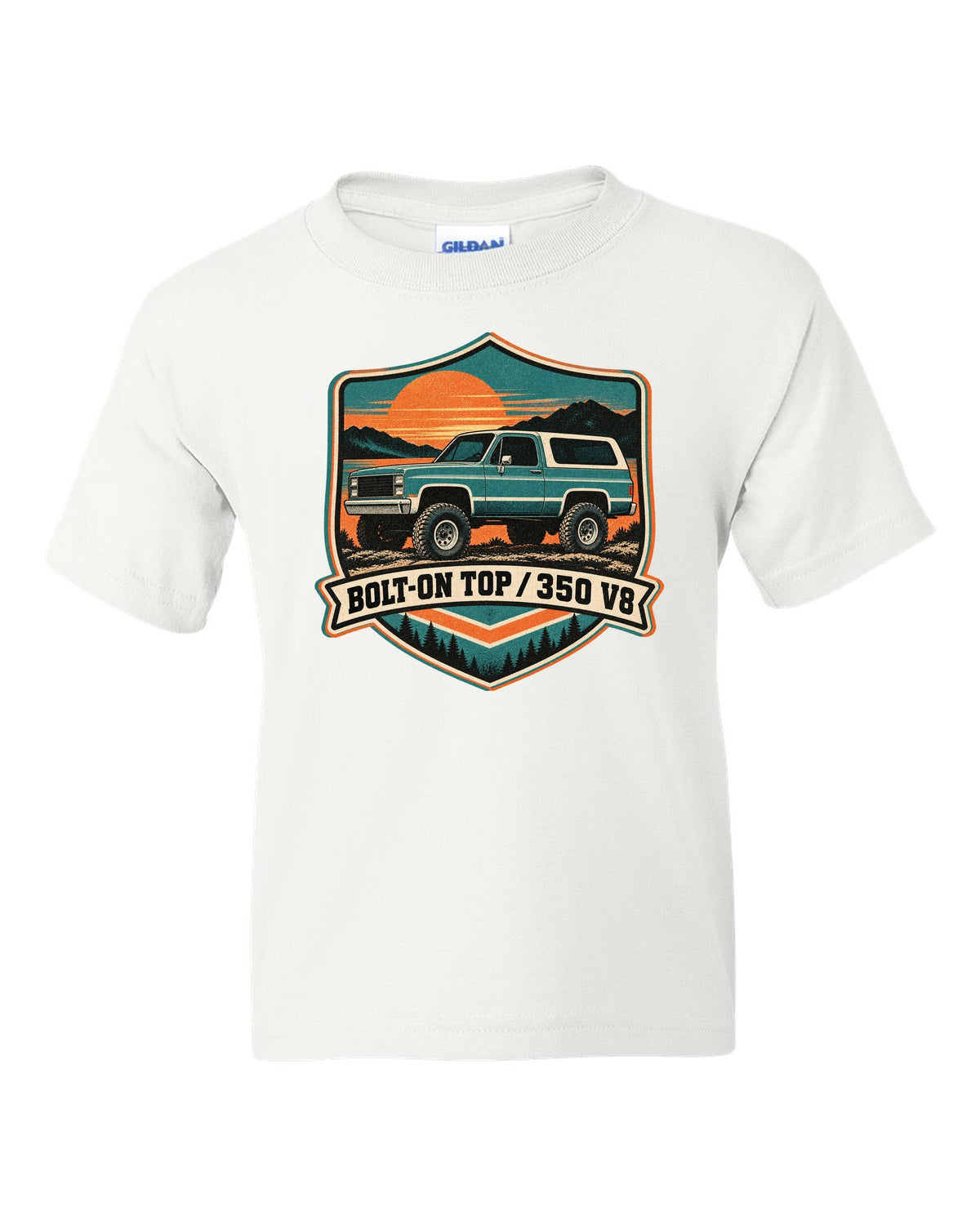Risograph-style sunset print of a 1973-91 Chevrolet K5 Blazer with BOLT-ON TOP and 350 V8 text white kids tee front view with the design