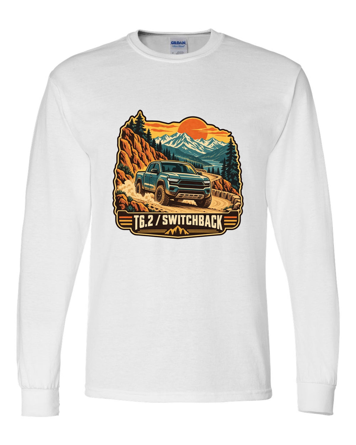 Vintage travel poster print of a 2022-present Ford Ranger T6.2 P703 on a switchback road white long sleeve front view with the design