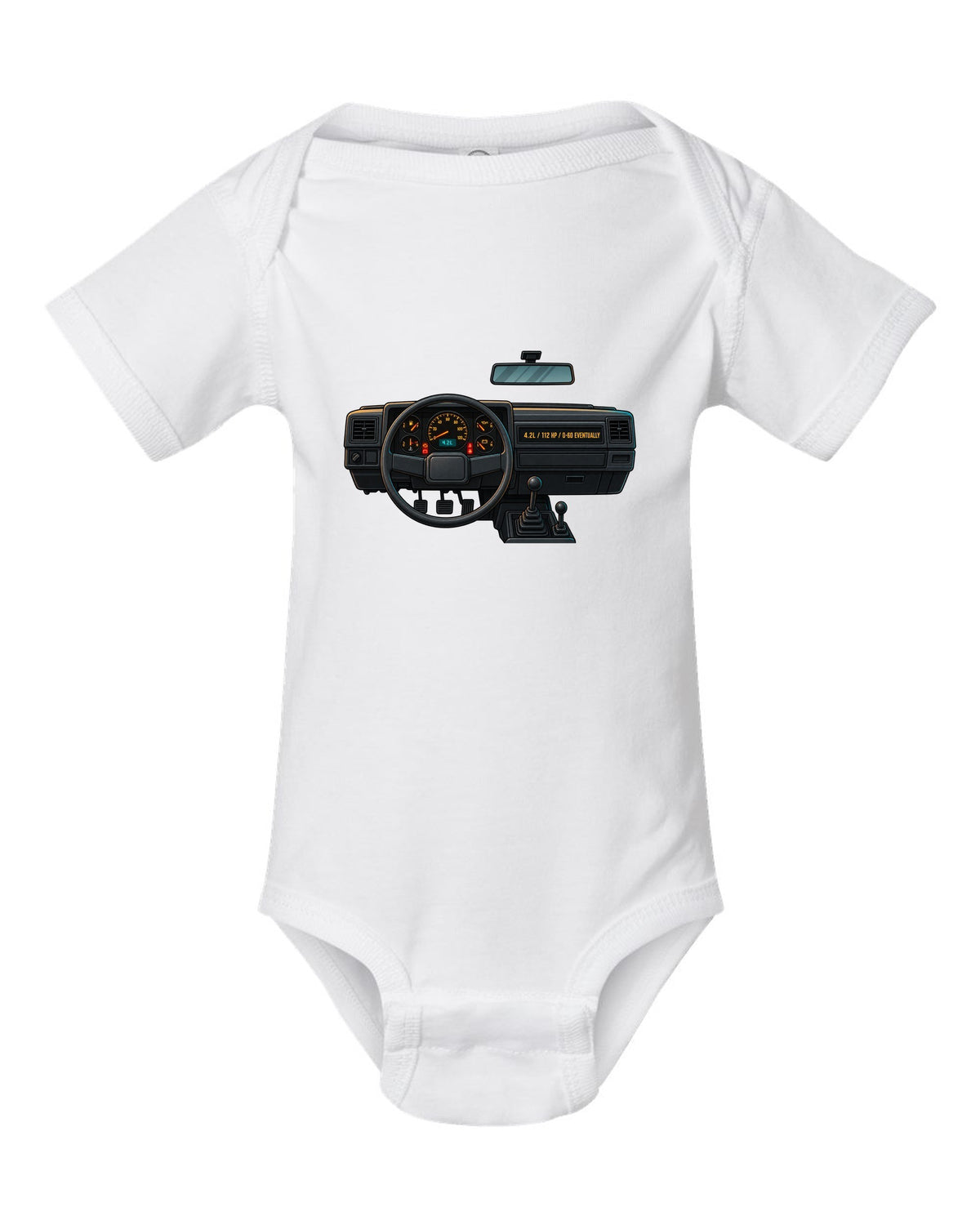 Gauge-cluster HUD print of a Jeep Wrangler YJ with 4.2L and 112 HP text white baby onesie front view with the design
