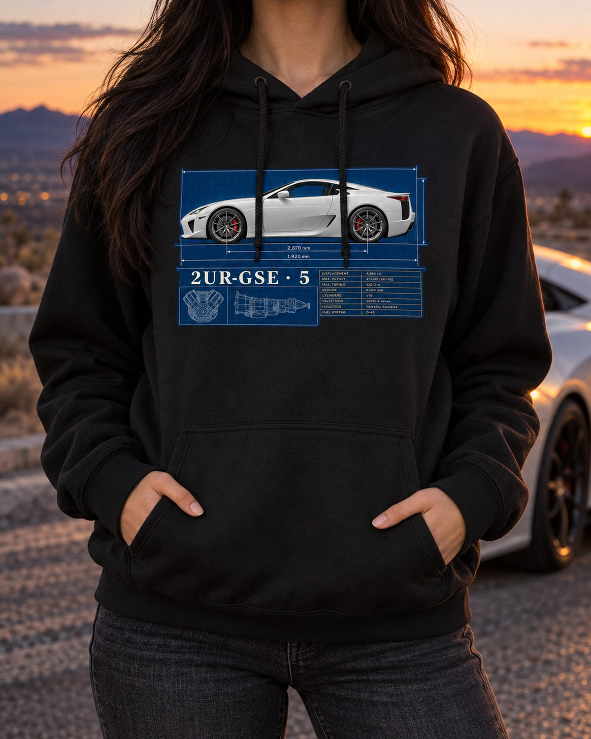 Lexus LFA10 Spec Poster Shirt, 552 HP Carbon Tub Tee Pull Over Hoodie Black worn hero