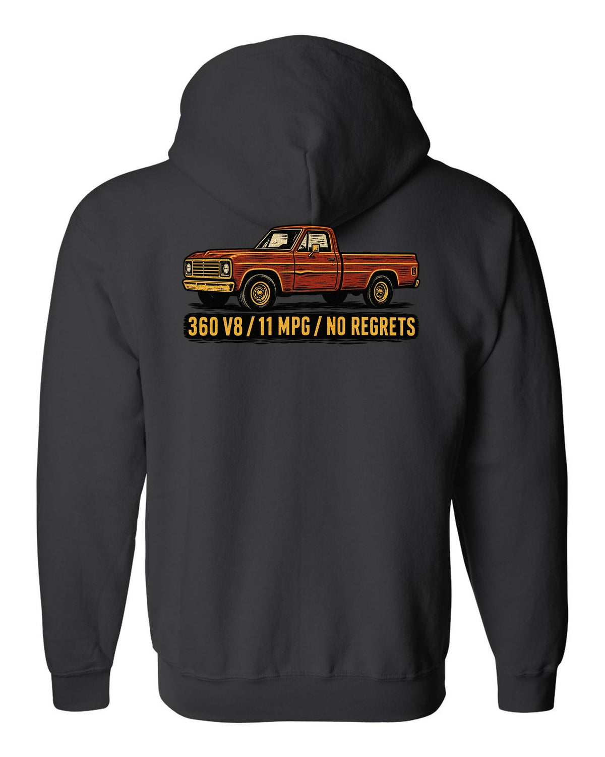 Dent-Side Ford F-150 1973-79 Crease Linocut black zip hoodie back view with the design