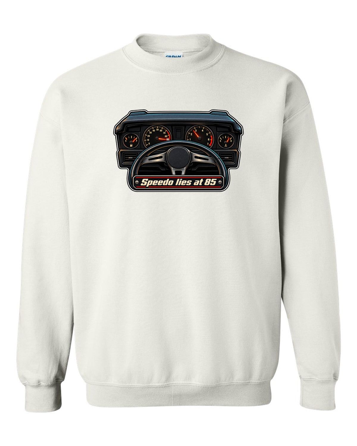 Gauge-cluster HUD print for a Ford Mustang Fox Body GT with speedo text white crewneck front view with the design
