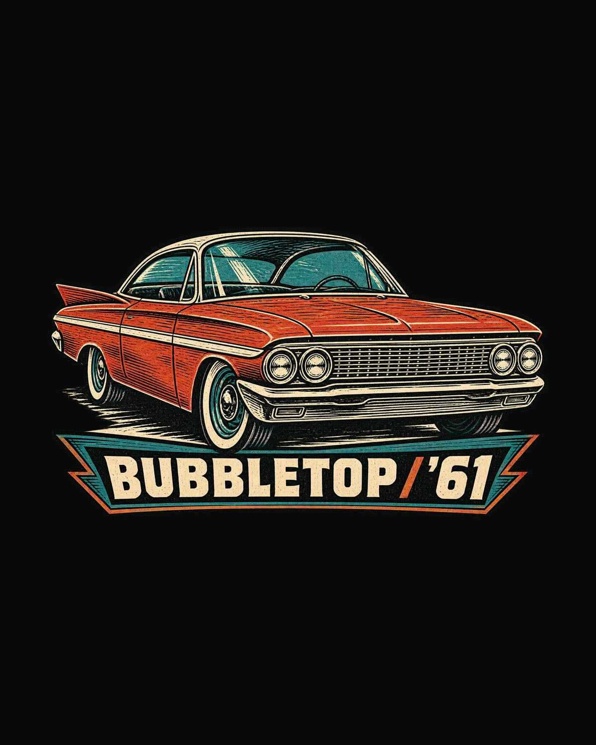 1961 Impala Sport Coupe Bubbletop Linocut Shirt, '61 Car Tee design only