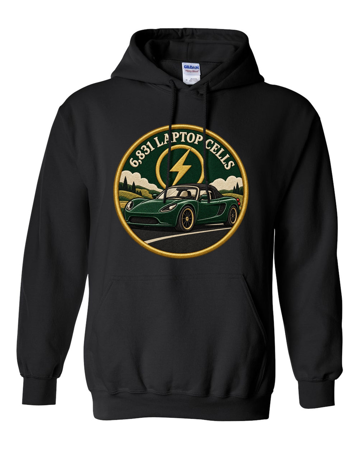 Round crest print of a Tesla Roadster Gen 1 reading 6,831 Laptop Cells black pull over hoodie front view with the design