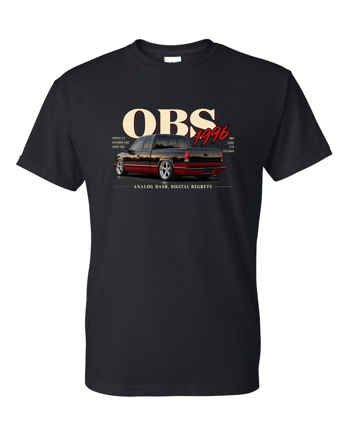 1996 OBS Chevy C1500 extended cab editorial headline print black t-shirt front view with the design