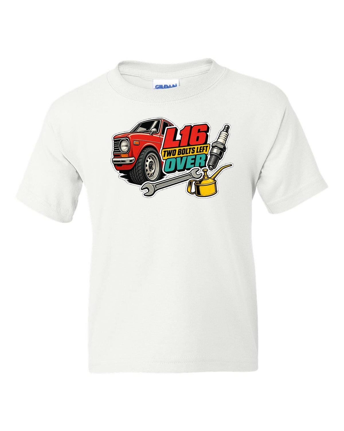 Datsun 510 wheel and fender sticker-bomb collage with L16 text on the front of a shirt white kids tee front view with the design