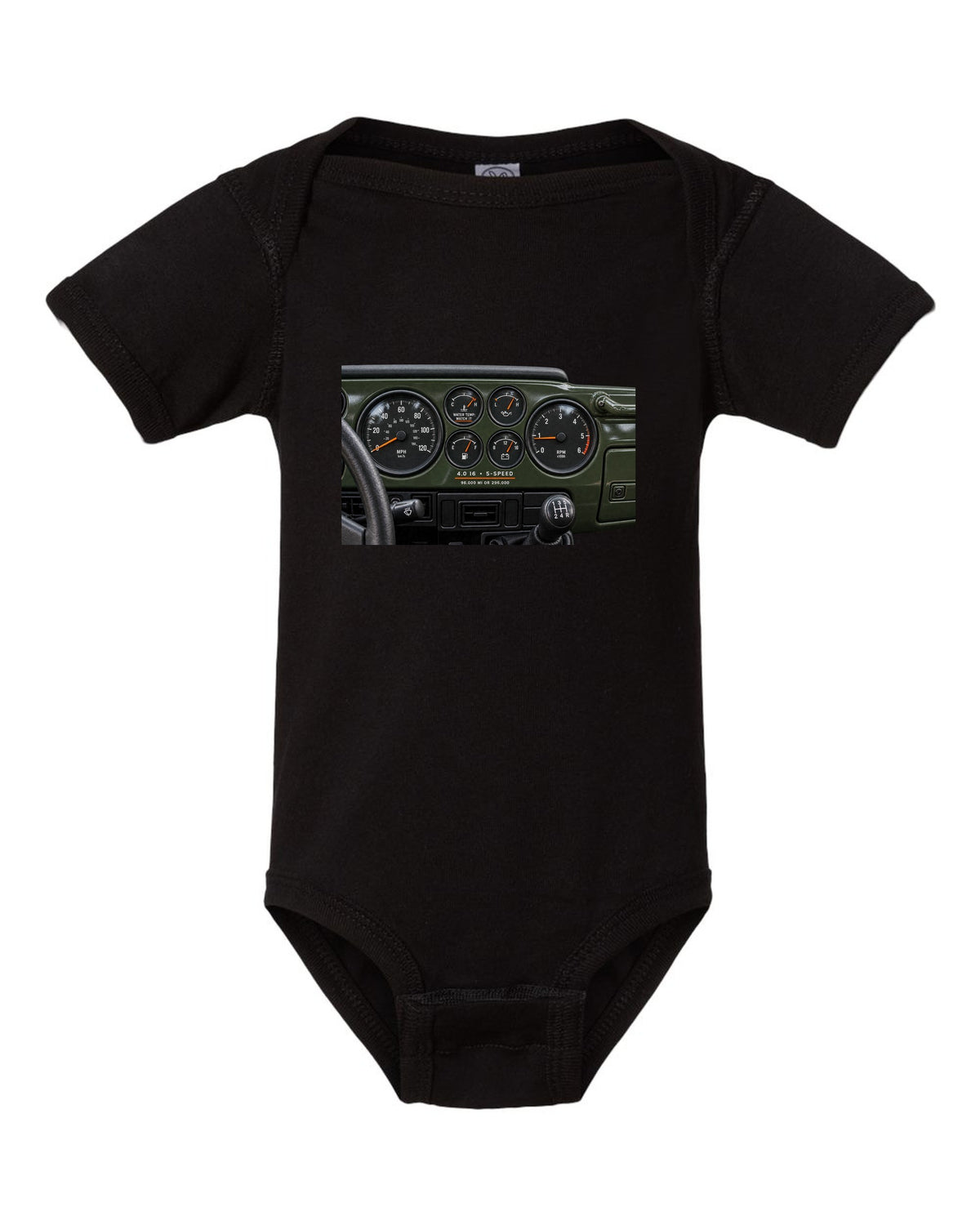 Gauge cluster print for the Jeep Wrangler TJ 4.0 I6, 1997-2006 black baby onesie front view with the design