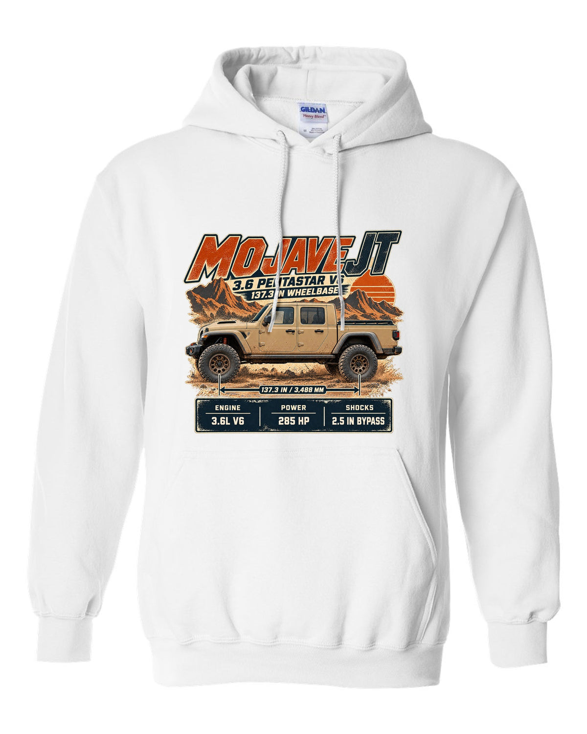 Spec poster print for the Jeep Gladiator Mojave JT with engine and wheelbase white pull over hoodie front view with the design
