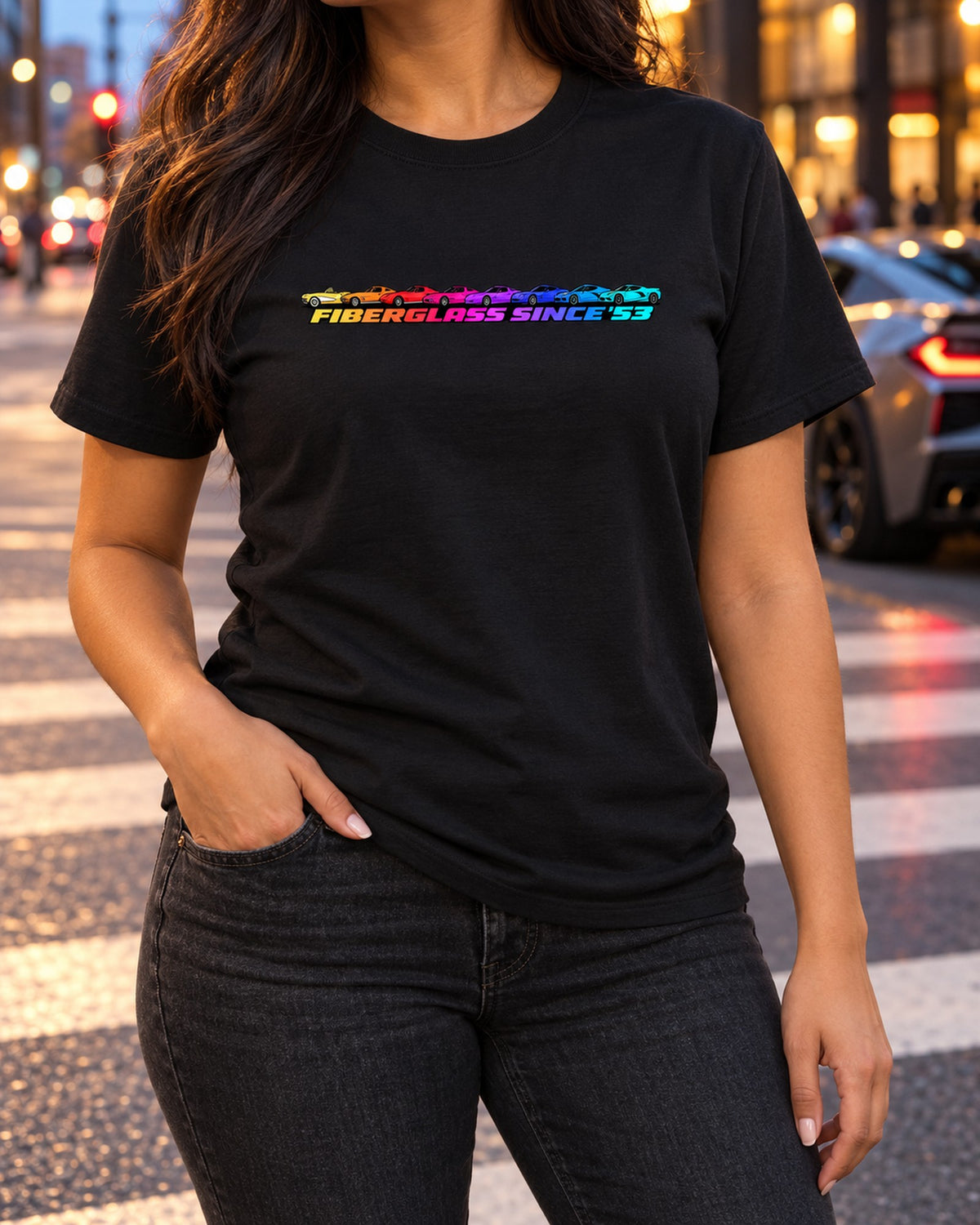 Corvette C1 to C8 Eight Generations Lineup Shirt, Fiberglass Since '53 T-Shirt Black worn hero