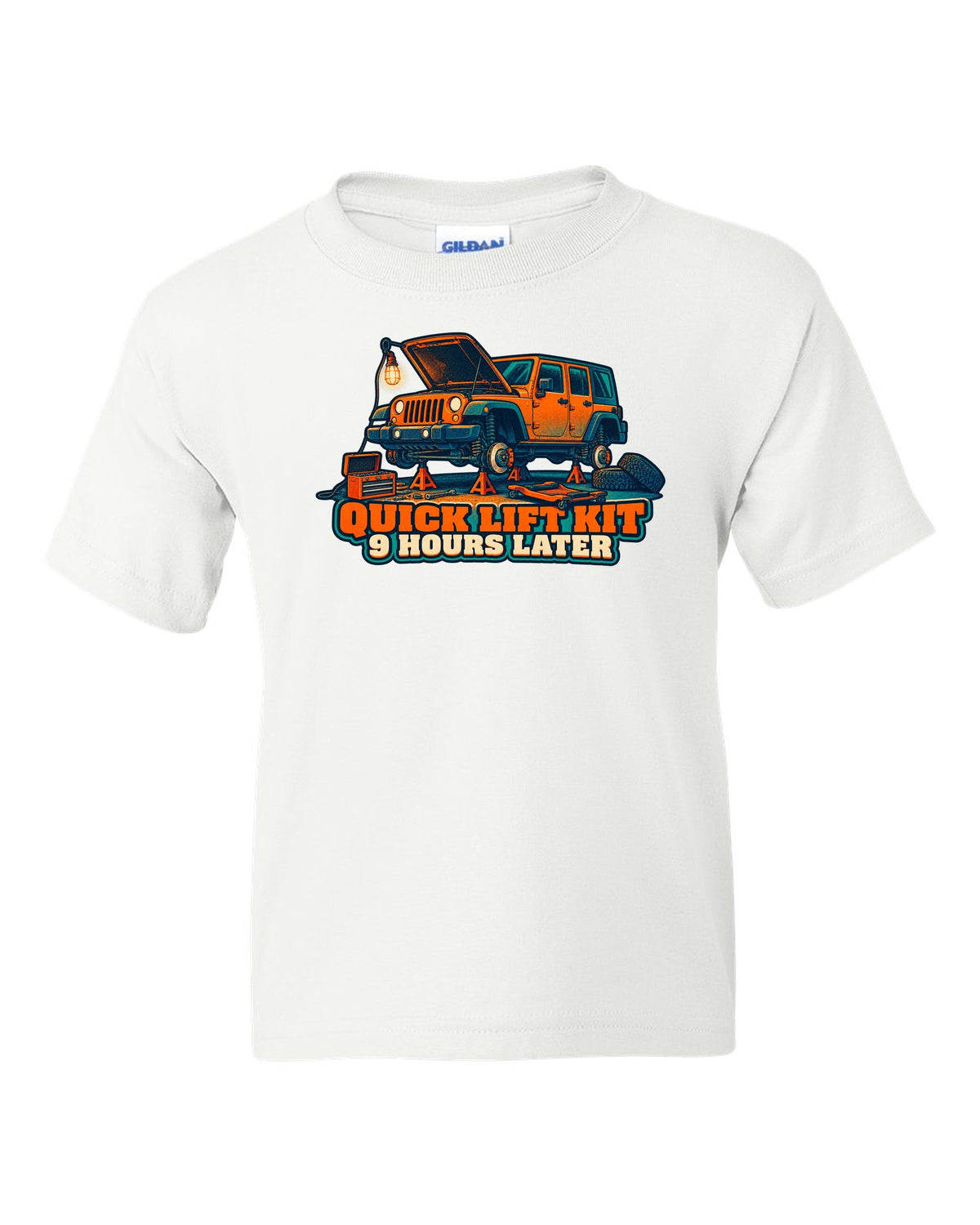 Risograph-style print of a Jeep Wrangler JKU four-door with lift kit joke text white kids tee front view with the design