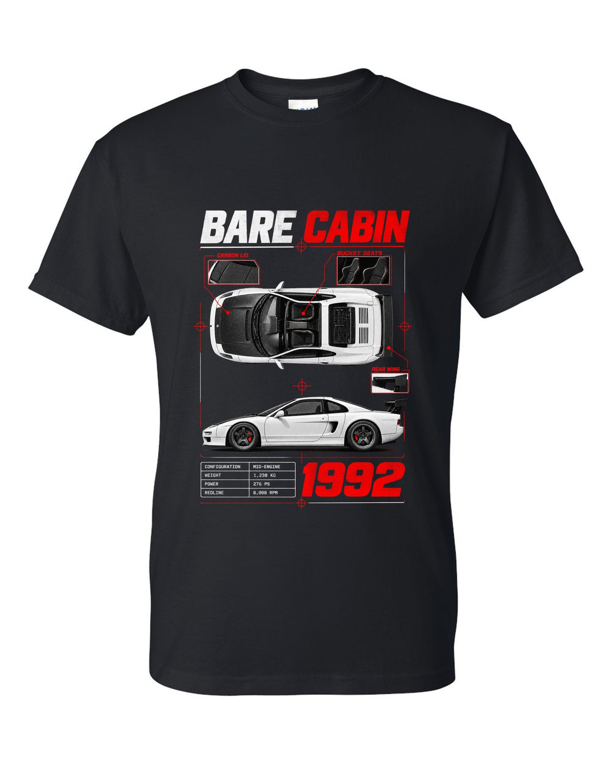 Spec poster print for the 1992 Honda NSX-R NA1 listing bare cabin, bucket seats and carbon lid black t-shirt front view with the design