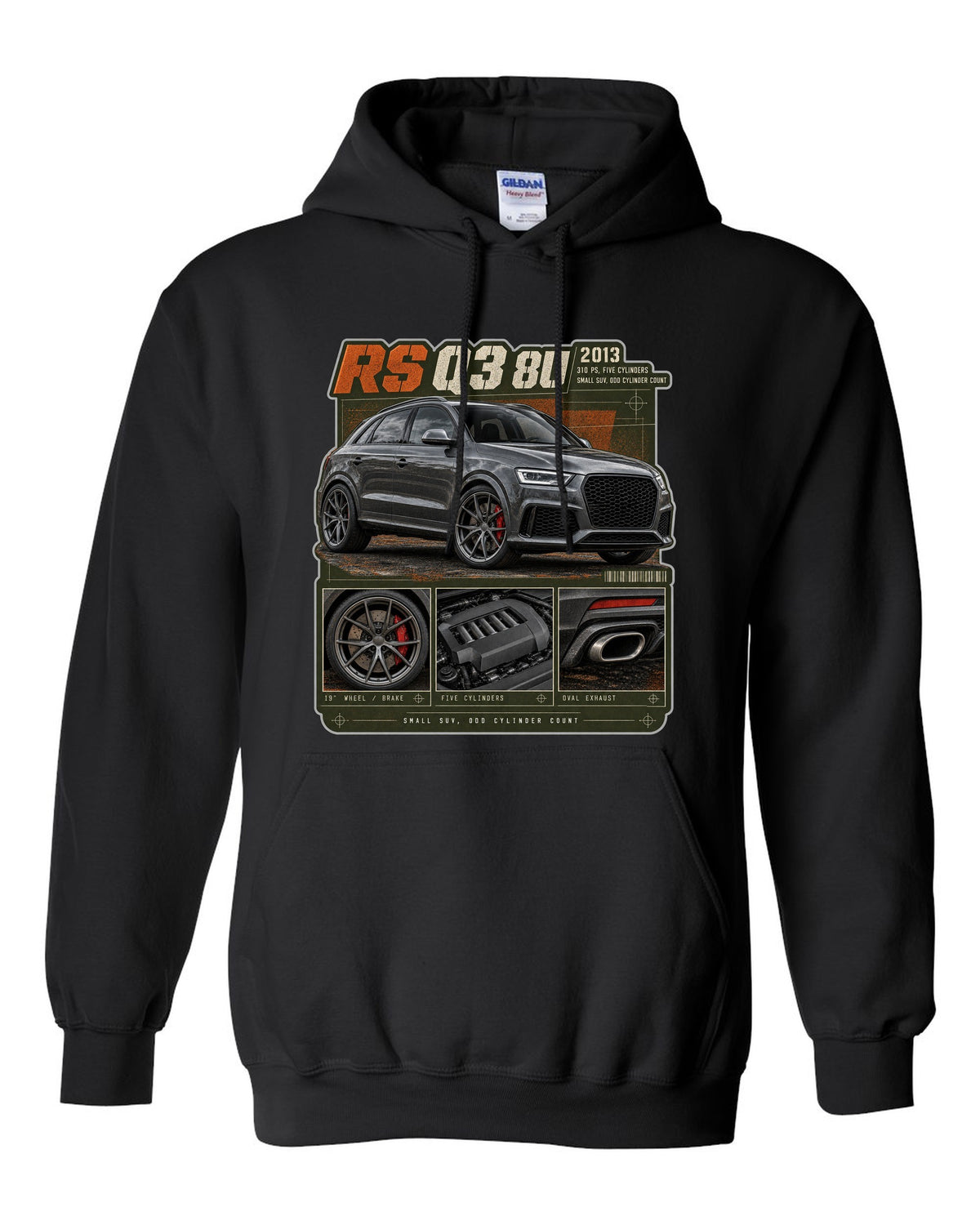 Audi RS Q3 8U dossier panels print with 310 PS five-cylinder text black pull over hoodie front view with the design