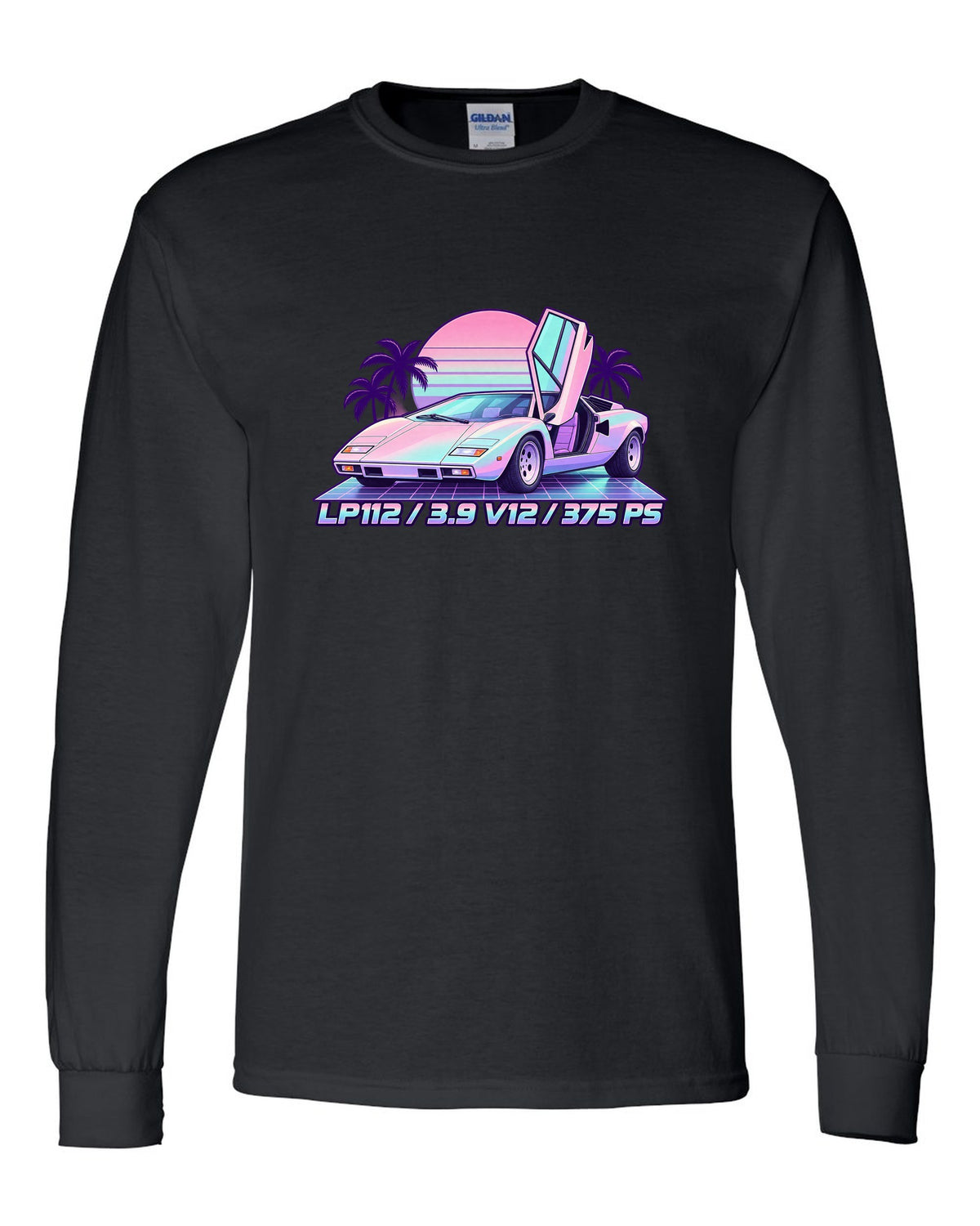 Pastel vaporwave Lamborghini Countach LP400 with LP112, 3.9 V12 and 375 PS lettering black long sleeve front view with the design