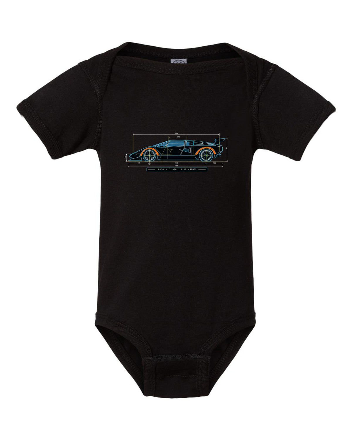 Blueprint patent line art of a Lamborghini Countach LP400 S 1978 with wide arches text black baby onesie front view with the design