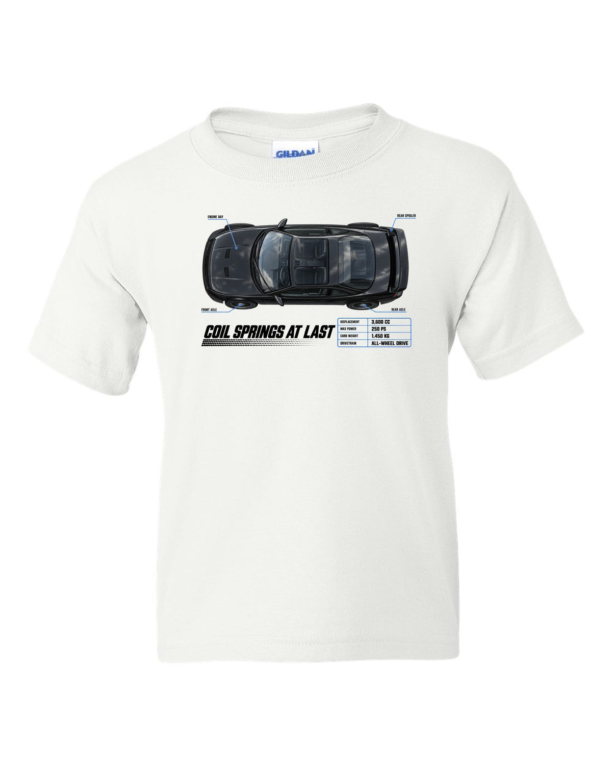 Top-down spec poster print of a Porsche 911 Carrera 4 (964) with the headline Coil Springs At Last white kids tee front view with the design