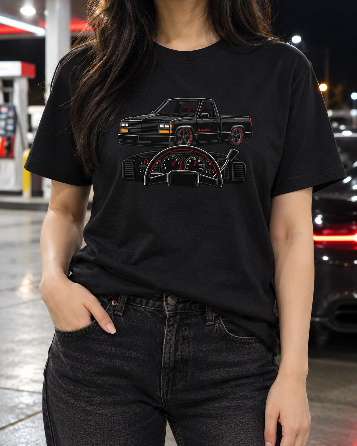 Chevrolet 454 SS Pickup Pixel Art Gauge Shirt, 1990-93 T-Shirt Black worn hero