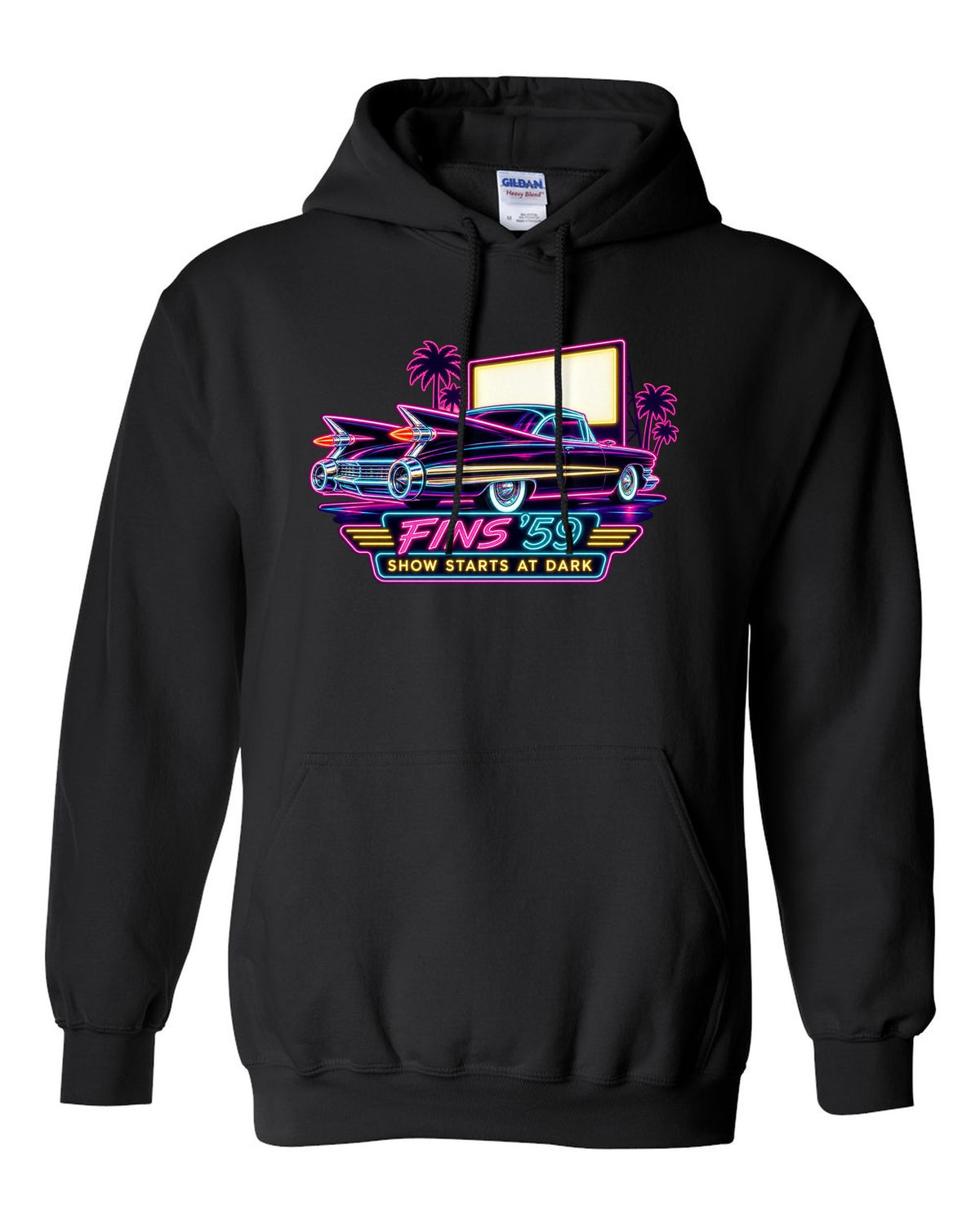 1959 Cadillac Coupe de Ville under neon sign glow at a night drive-in black pull over hoodie front view with the design