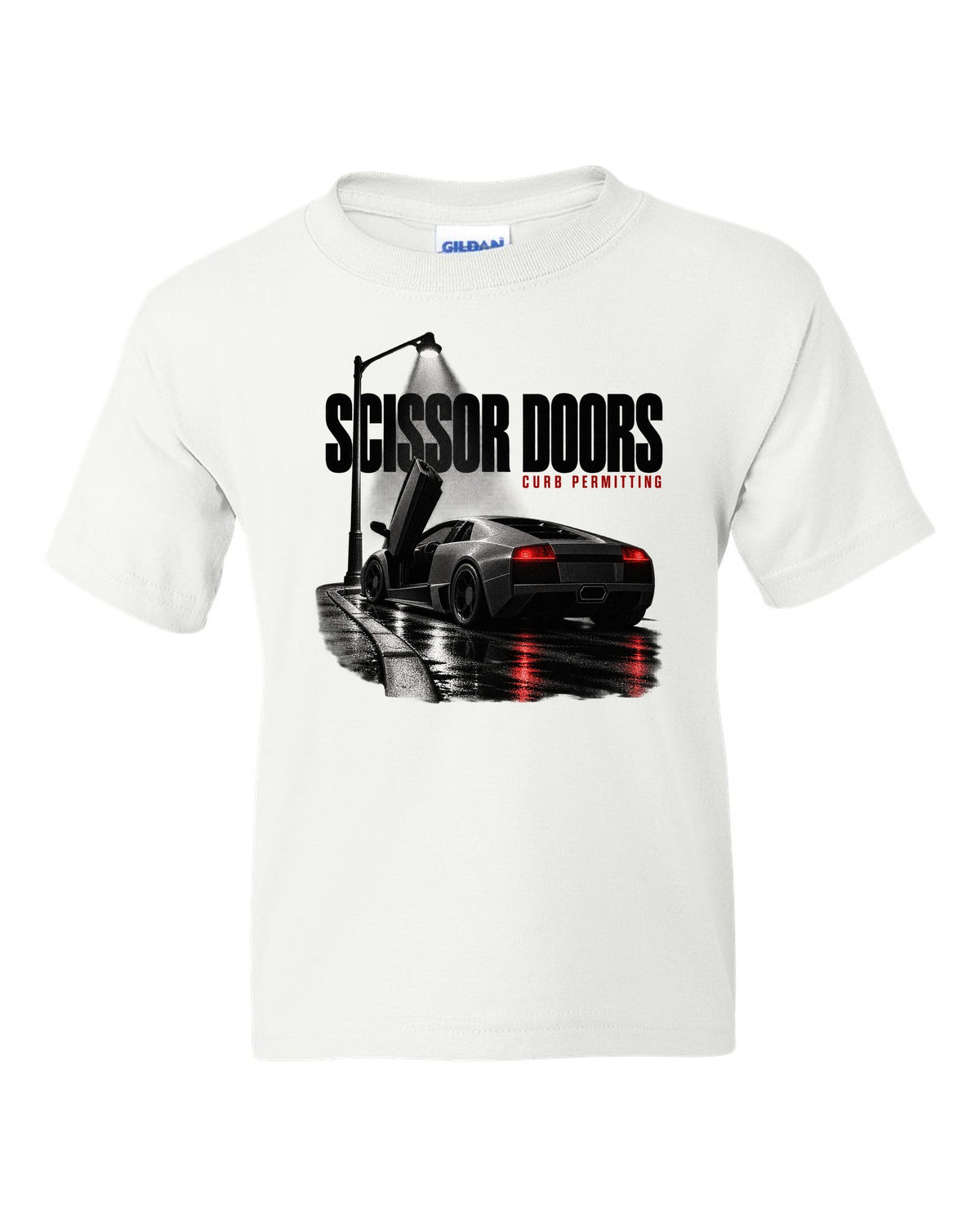 Garage night print of a Lamborghini Murcielago LP640 with scissor doors raised white kids tee front view with the design