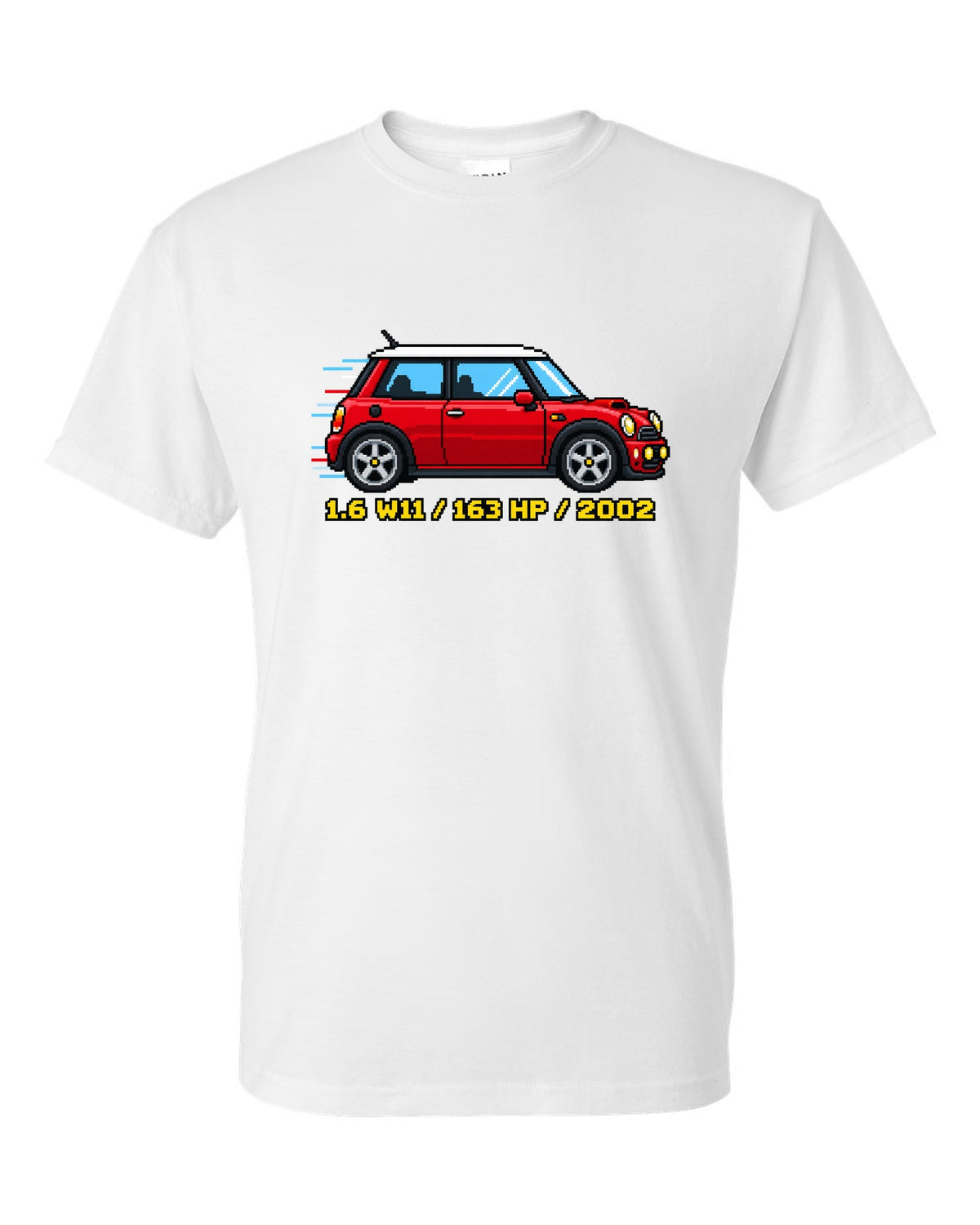 Sixteen-bit pixel art Mini Cooper S R53 with 1.6 W11, 163 HP, 2002 stats white t-shirt front view with the design