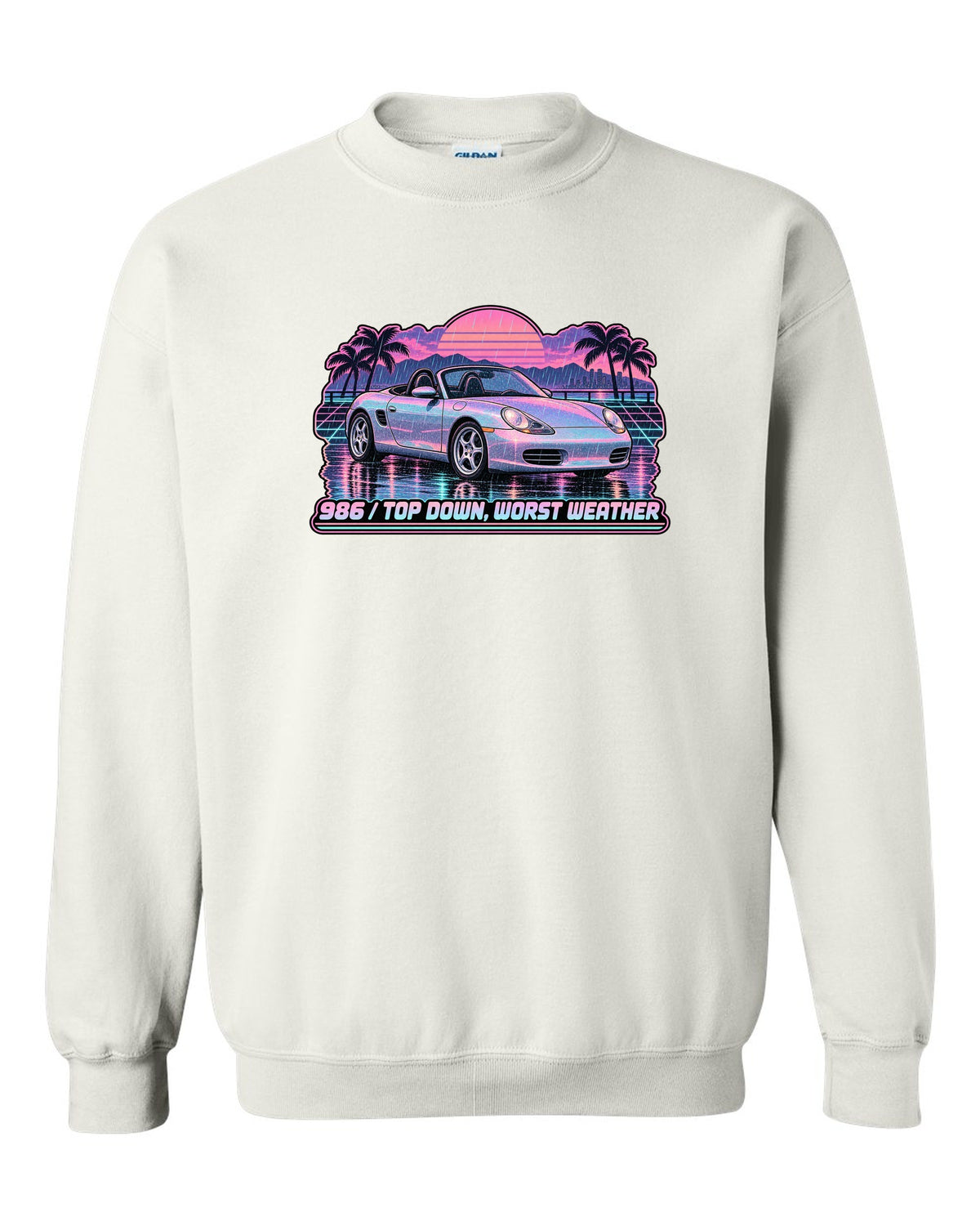 Lo-fi vaporwave Porsche Boxster 986 with the roof down white crewneck front view with the design