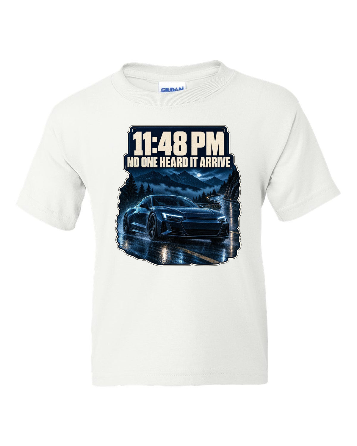 Audi RS e-tron GT on a wet night street blue monochrome print design white kids tee front view with the design