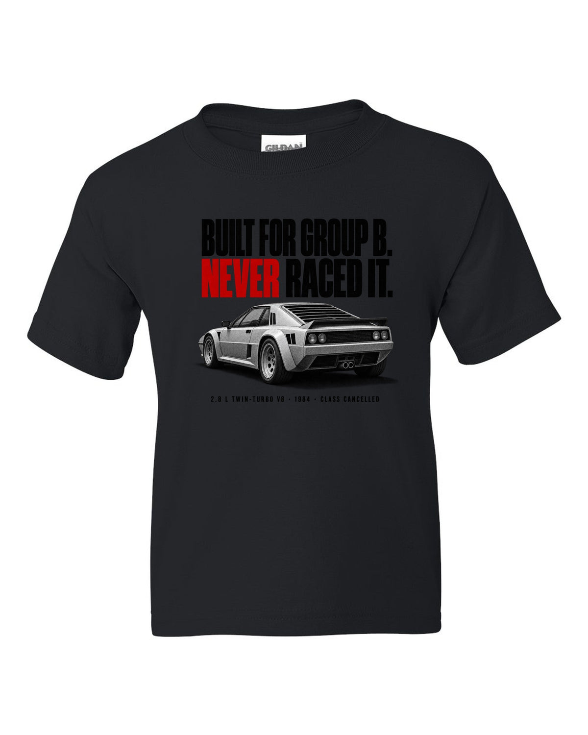 Ferrari 288 GTO 1984 rear three-quarter halftone print, built for Group B, never raced it black kids tee front view with the design