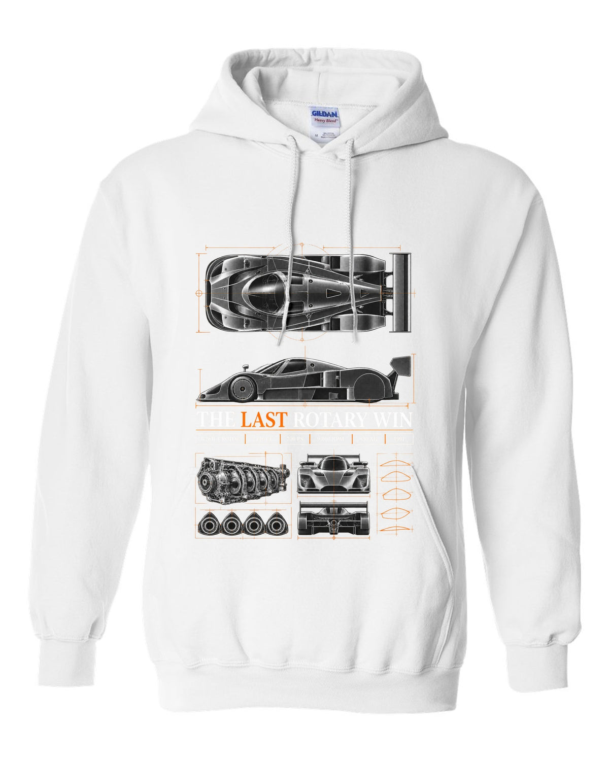 Spec poster print for the 1991 Mazda 787B with R26B four-rotor, 700 PS and 830 kg figures white pull over hoodie front view with the design