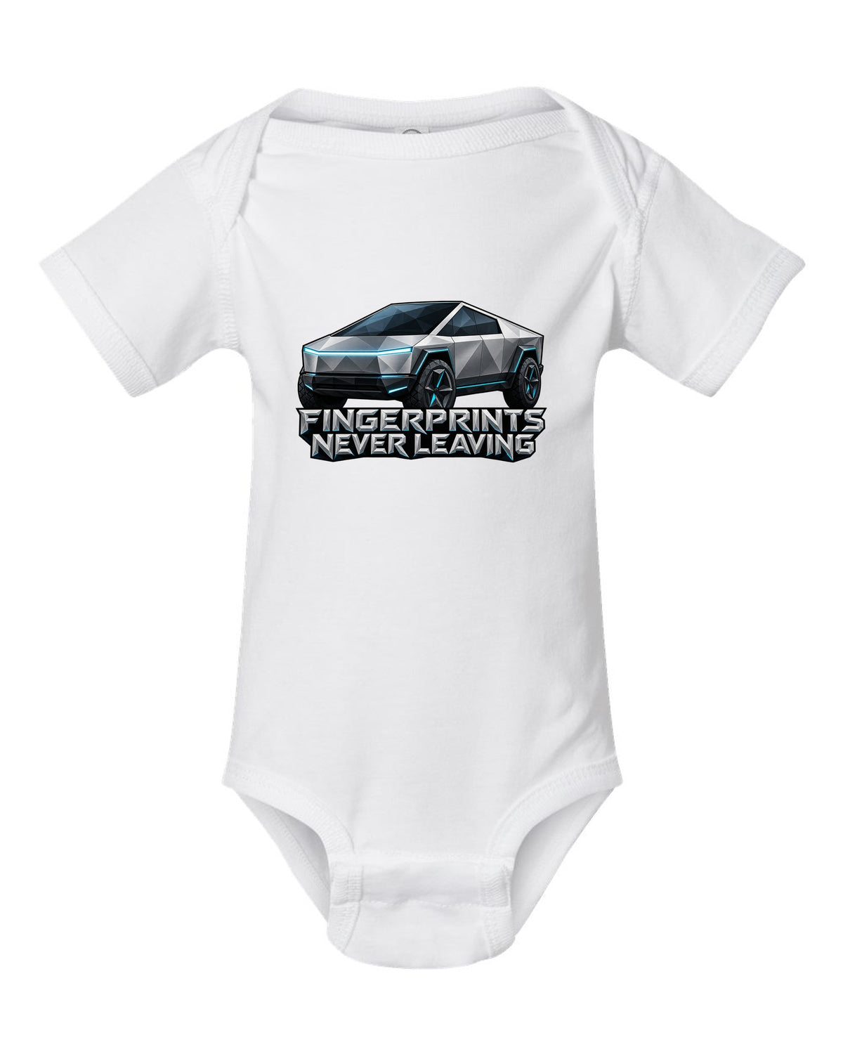 Low-poly wireframe facets of a 2023 Tesla Cybertruck with the words Fingerprints Never Leaving white baby onesie front view with the design