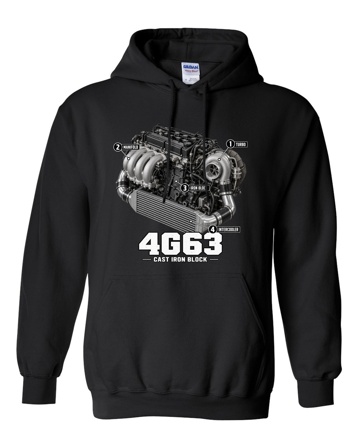 Engine diagram print for the Mitsubishi Lancer Evolution VI CP9A showing a 4G63 with turbo, manifold, iron block and intercooler callouts black pull over hoodie front view with the design