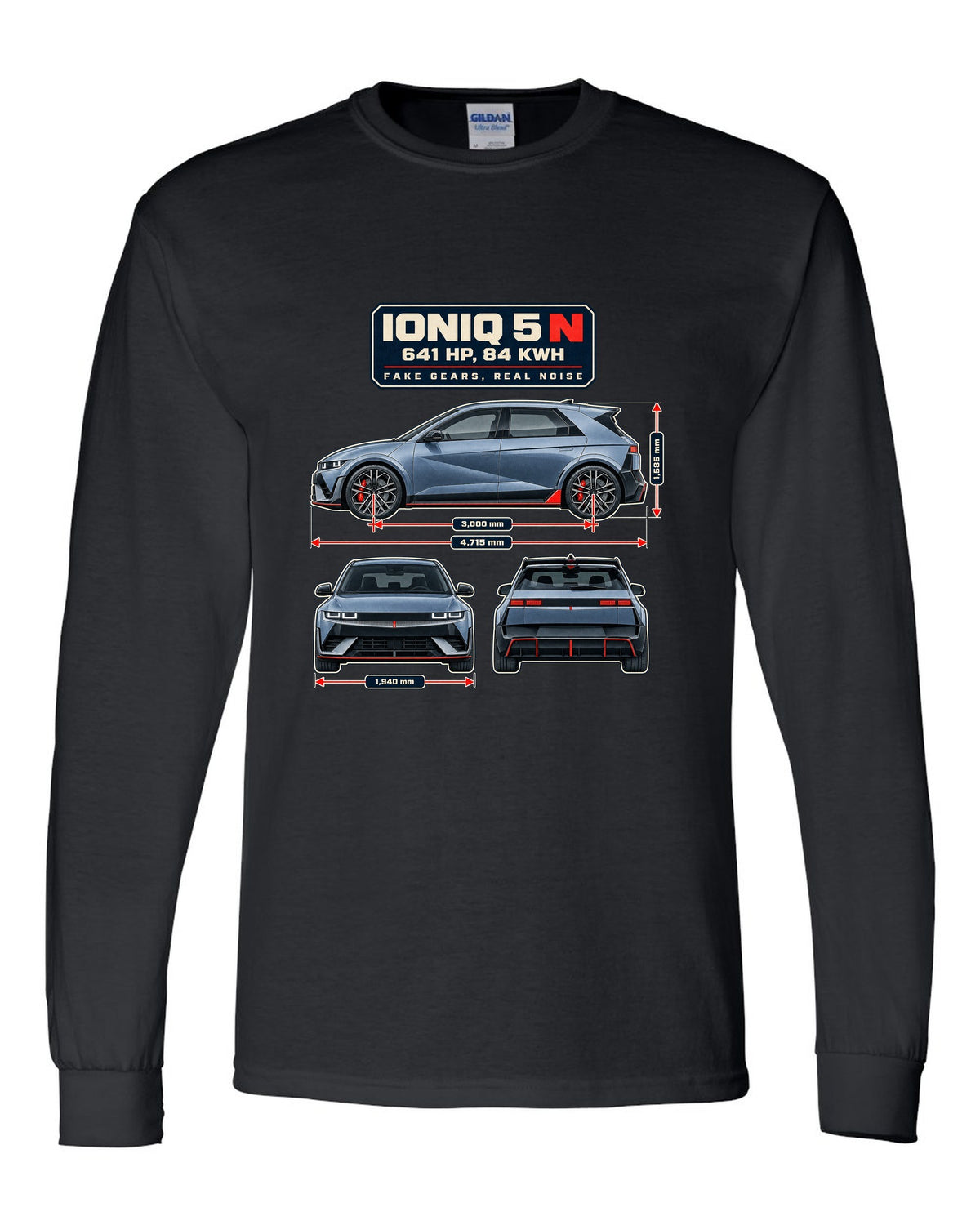 Hyundai Ioniq 5 N dimension blueprint print on a shirt black long sleeve front view with the design
