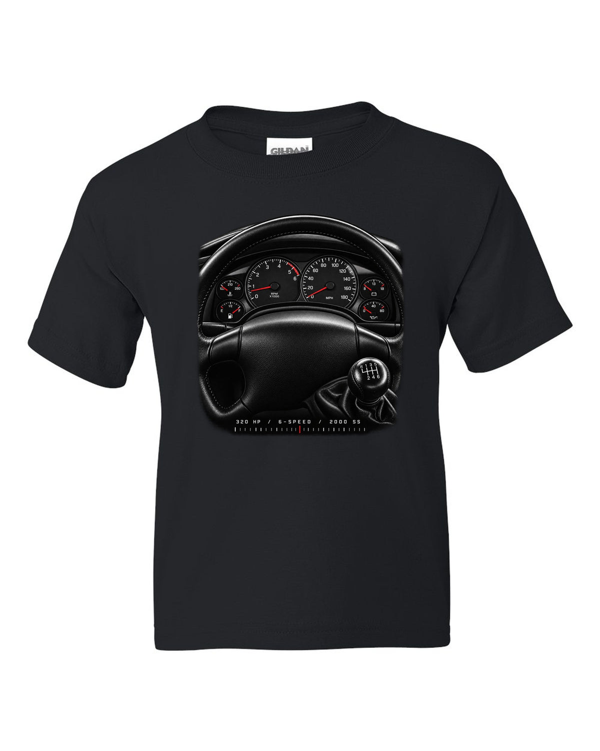 Gauge cluster print of a 2000 fourth-gen Chevrolet Camaro SS with 320 hp and 6-speed text black kids tee front view with the design